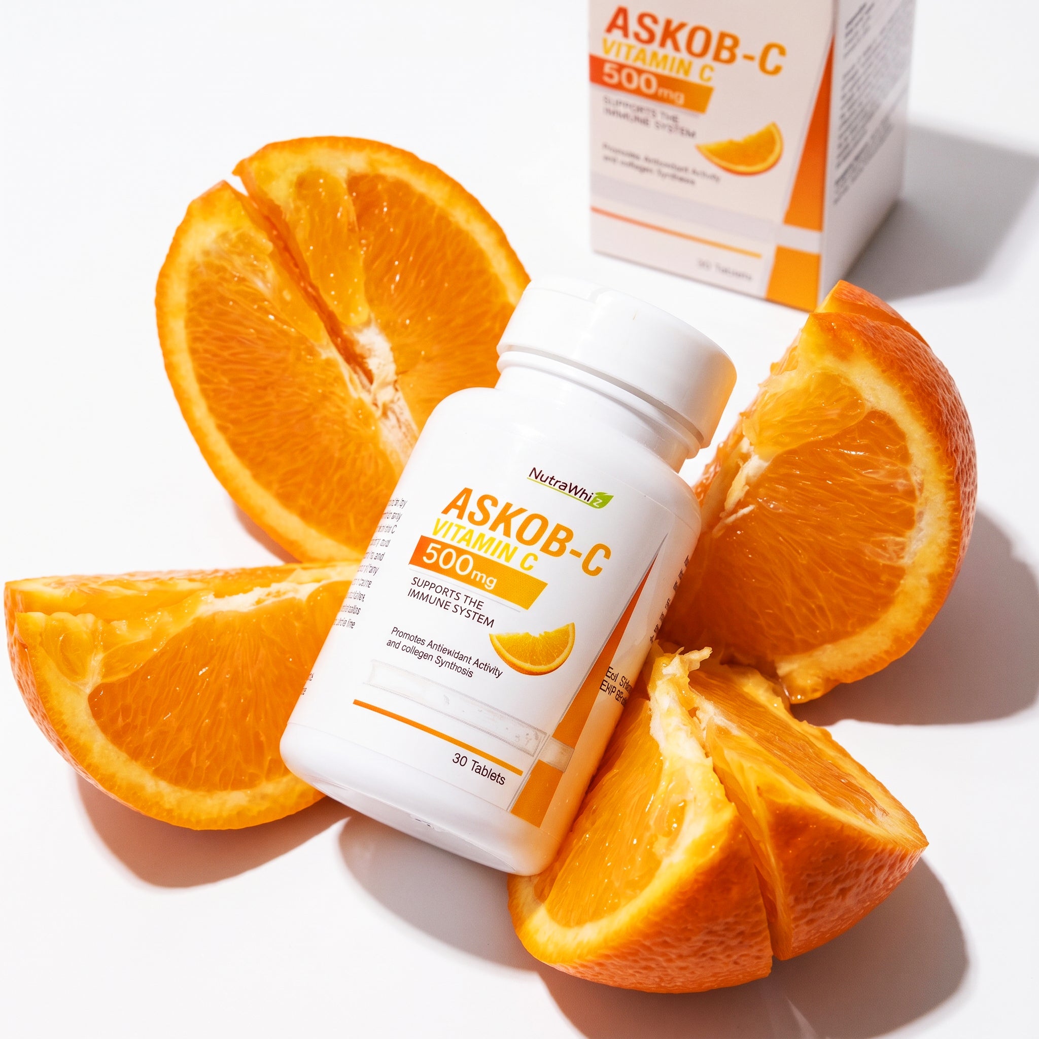 Nutra Whiz ASKOB-C Vitamin C 500mg tablets bottle with fresh orange slices