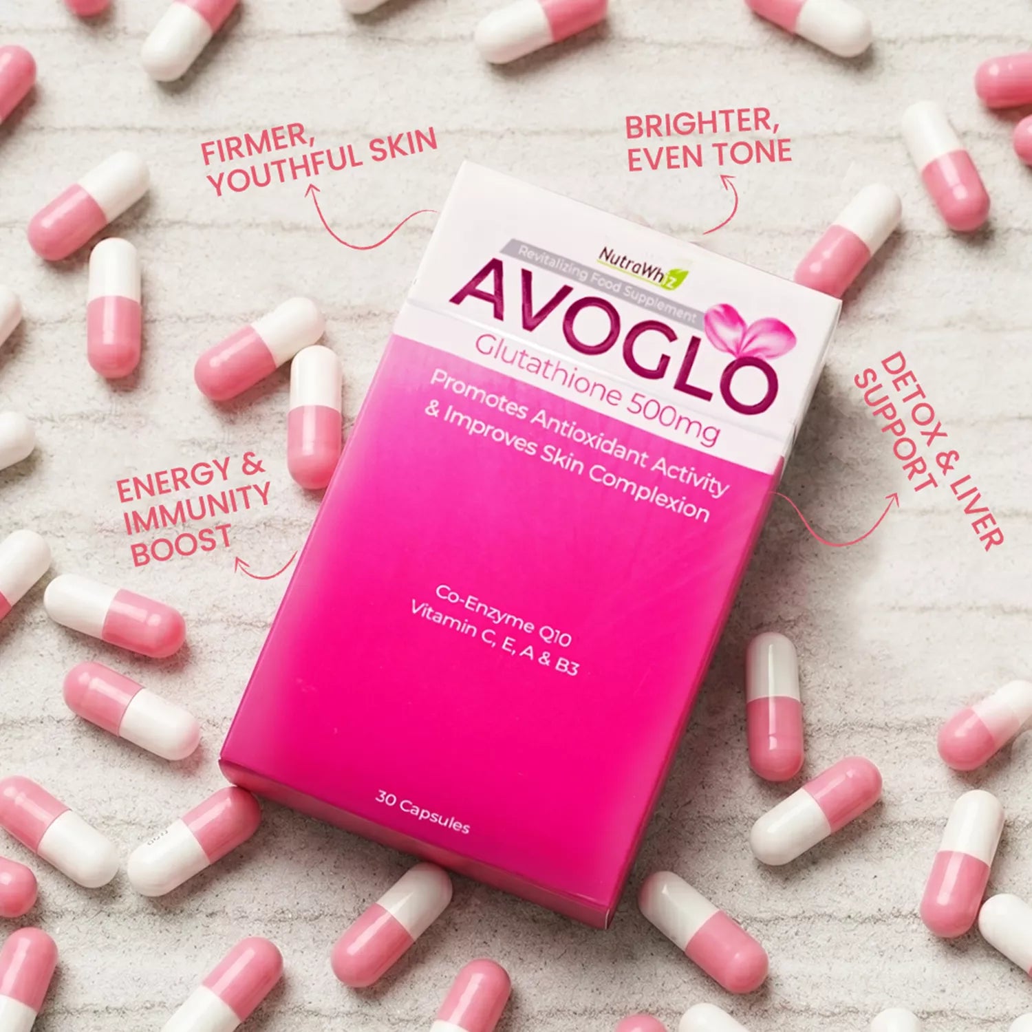 Avoglo glutathione 500mg capsules packaging box surrounded by scattered pink and white capsules with benefits text pointers