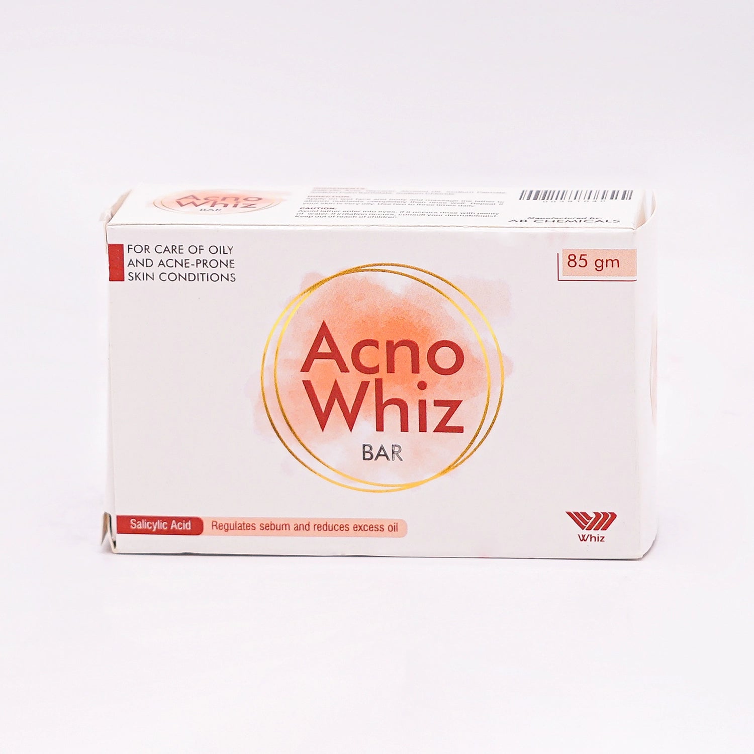Acno Whiz Bar, 85 gm, For Care of Oily and Acne-Prone Skin Conditions, containing Salicylic Acid, in a white box with an orange circle design.