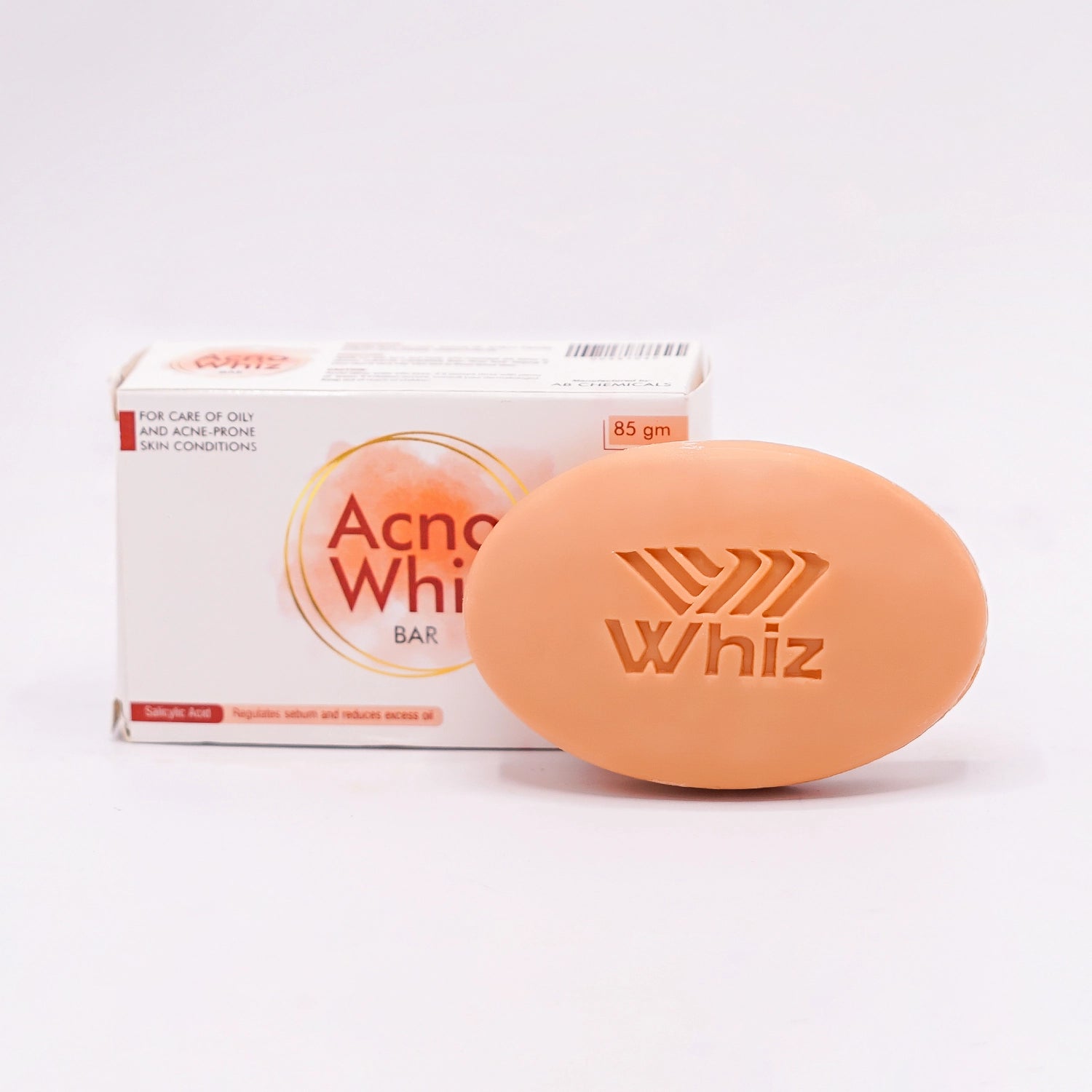 Acno Whiz Bar, 85 gm, For Care of Oily and Acne-Prone Skin Conditions, containing Salicylic Acid, in a white box with an orange circle design