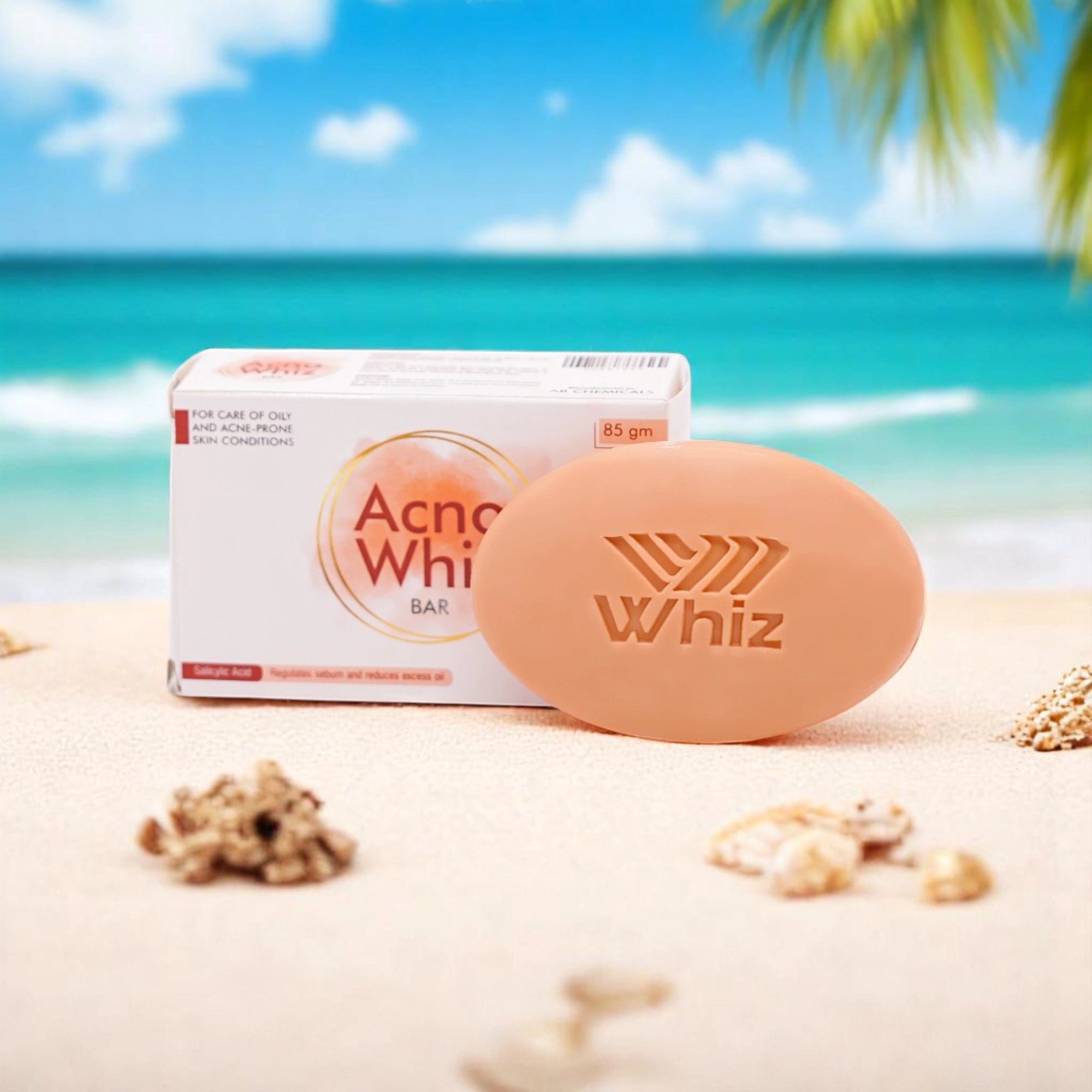 Acne Whiz Bar, an oval-shaped orange soap bar with 'Whiz' embossed on it, and its white and orange box, set on a sandy beach with shells and palm trees.