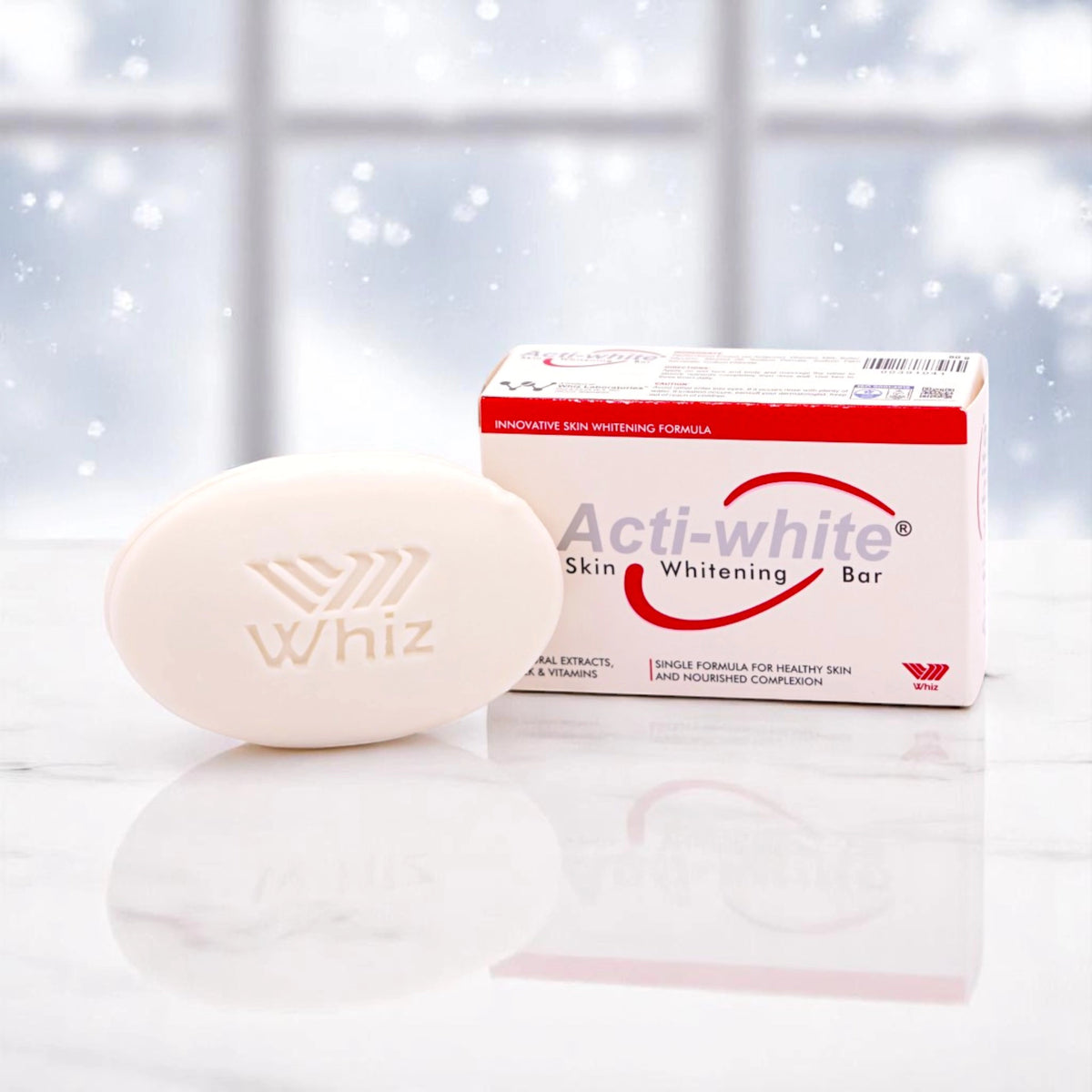 Acti-White Skin Whitening Bar, an oval-shaped white soap bar with 'Whiz' embossed on it, and its white and red box, set against a snowy winter background with blurred pine trees.