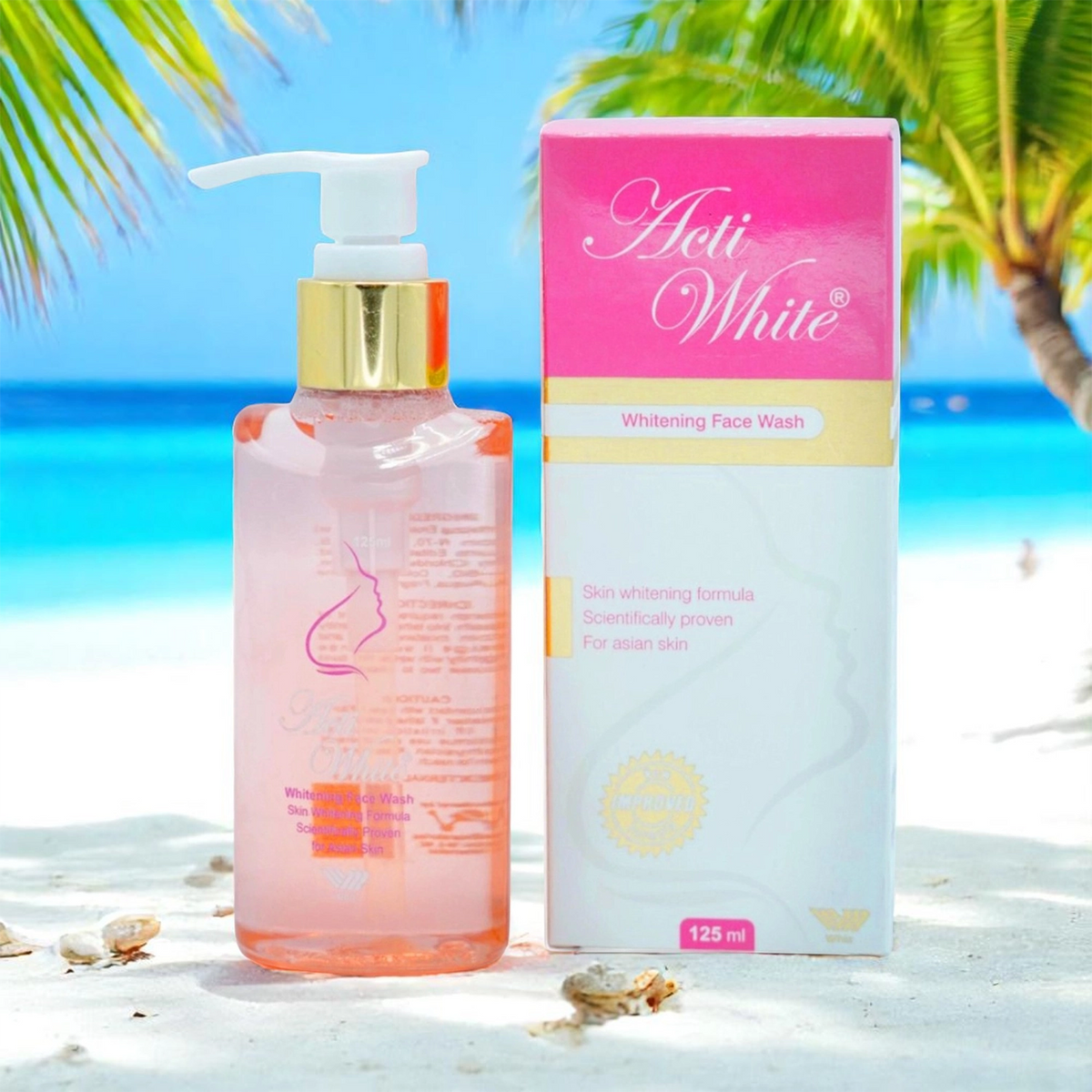 Acti White Whitening Face Wash, 125ml pump bottle with a pink liquid and a gold pump, alongside its pink and white box.