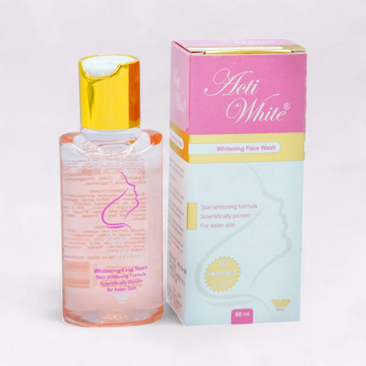 Acti White Whitening Face Wash, 60ml clear bottle with a pink liquid and a gold cap, alongside its pink and white box.