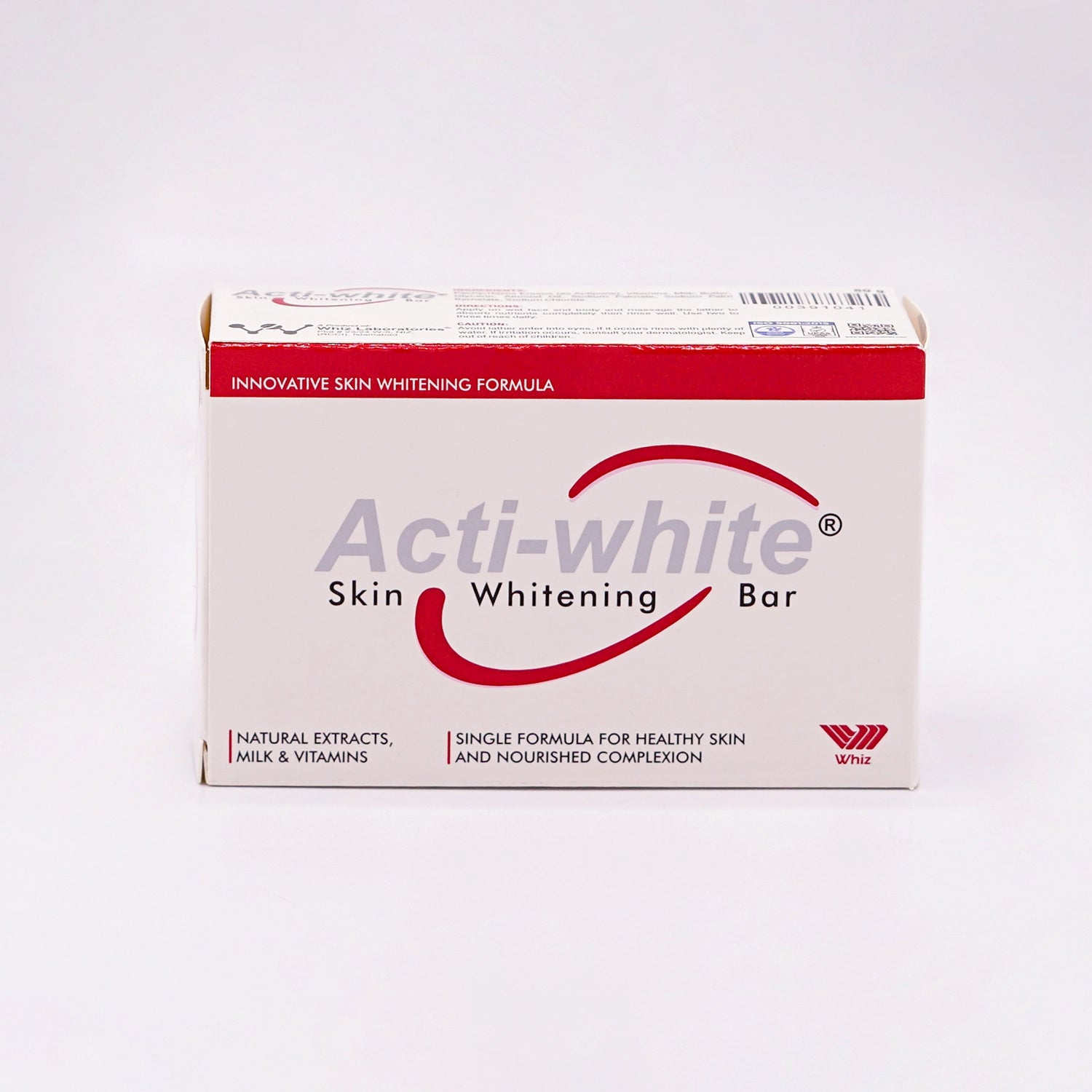 Acti-white Skin Whitening Bar, an innovative skin whitening formula with Natural Extracts, Milk & Vitamins, in a white box with a red stripe and red swoosh design.