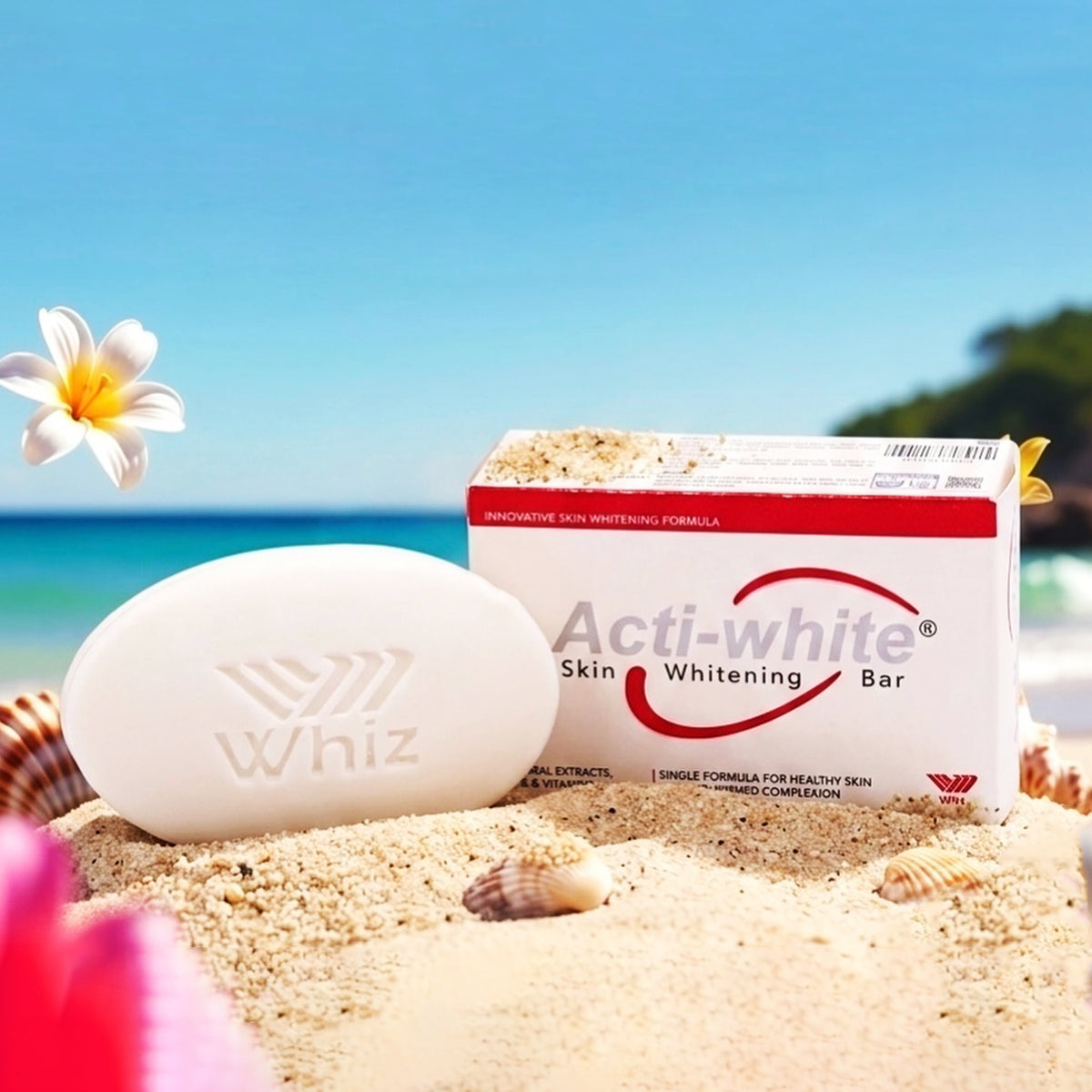 Acti-white Skin Whitening Bar soap and packaging box on a sandy beach with a tropical background