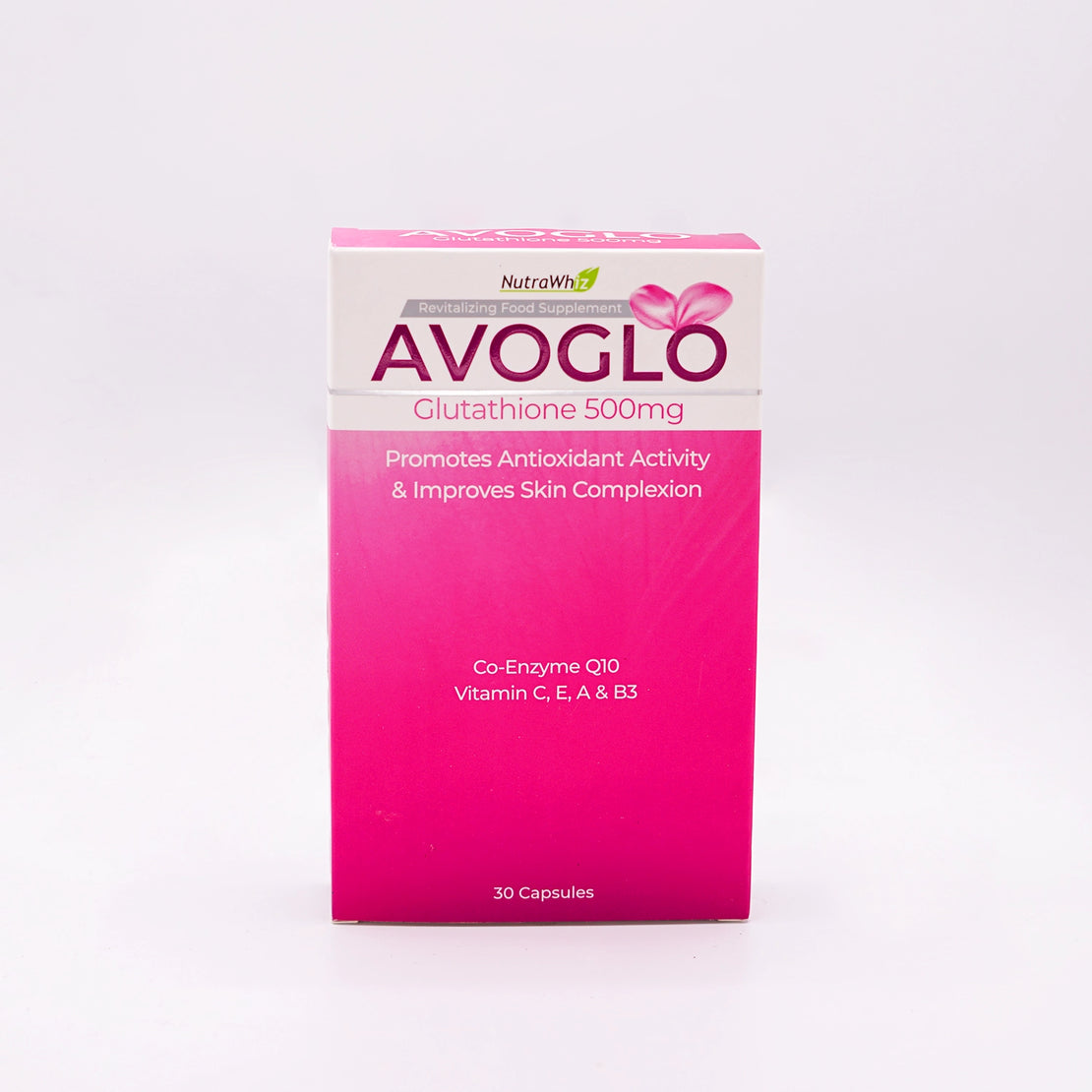 NutraWhiz Avoglo Glutathione 500mg Revitalizing Food Supplement, 30 Capsules, in a pink and white box.