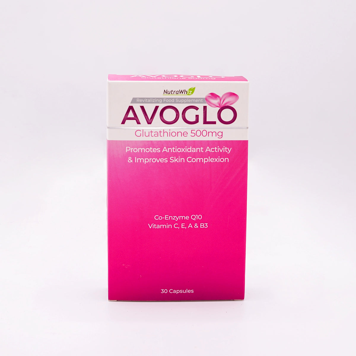 NutraWhiz Avoglo Glutathione 500mg Revitalizing Food Supplement, 30 Capsules, in a pink and white box.