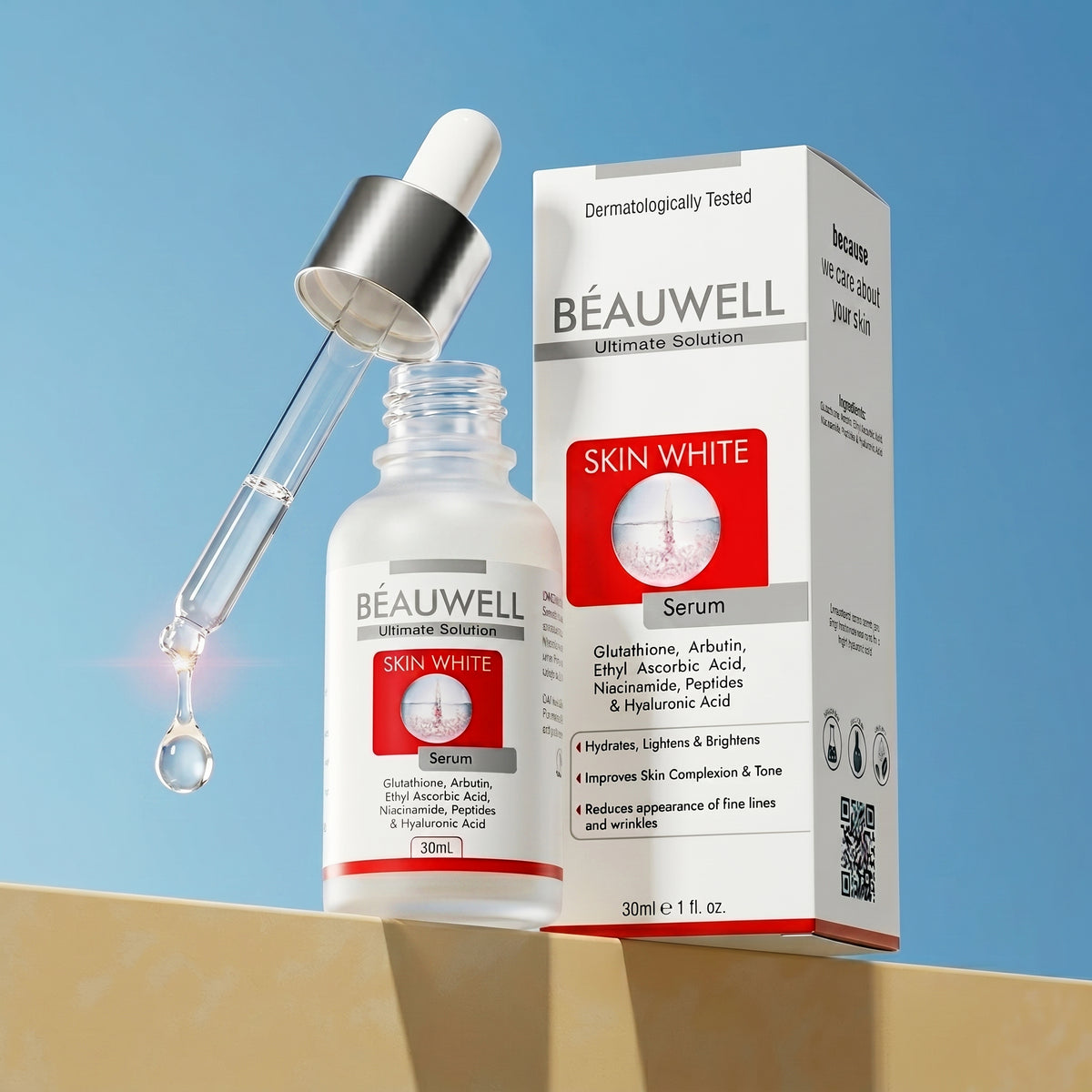 Beauwell Skin White Serum bottle with dropper and packaging box containing Glutathione and Hyaluronic Acid