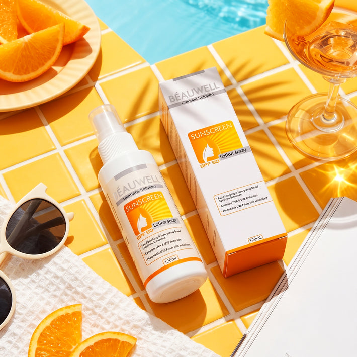 Beauwell Sunscreen Lotion Spray SPF 50 bottle and box on yellow tiles with orange slices and sunglasses.