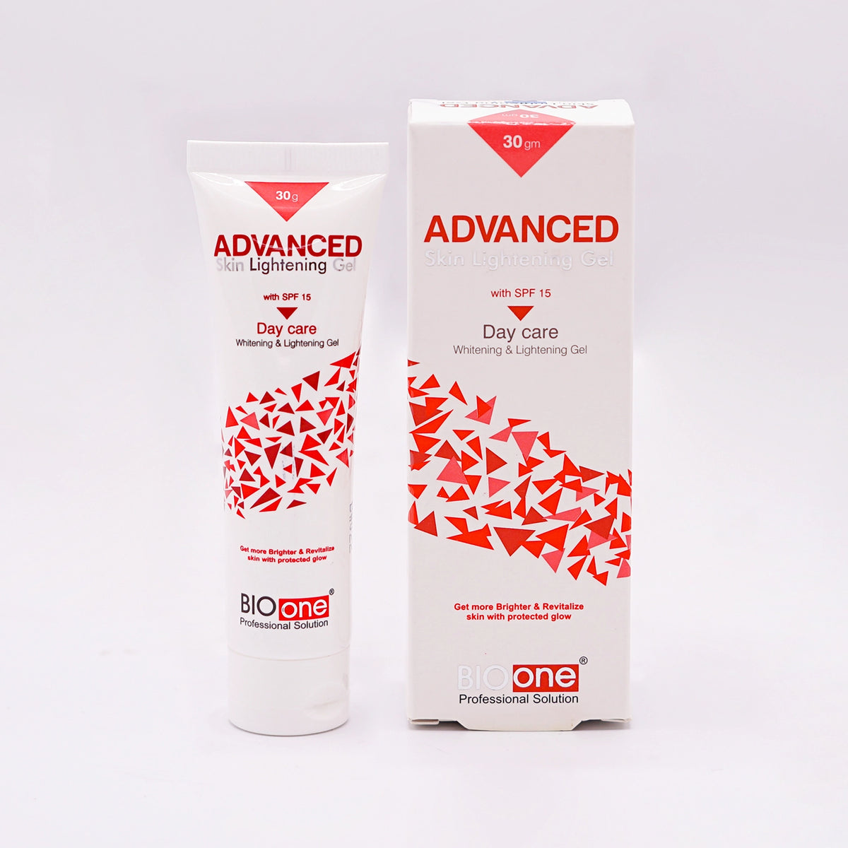 BioOne Professional Solution Advanced Skin Lightening Gel with SPF 15, Day Care, 30gm white tube with a red and white label featuring abstract red shapes, and its matching white and red box, set on a white background.