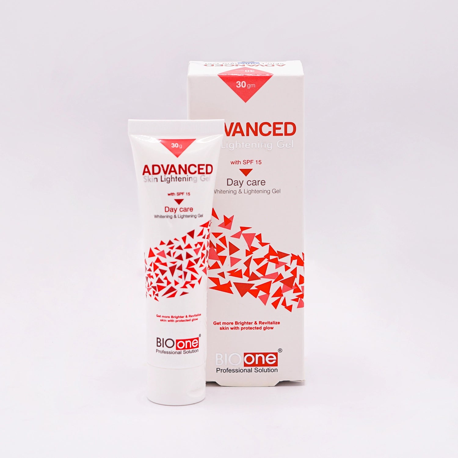 BioOne Professional Solution Advanced Skin Lightening Gel with SPF 15, Day Care, 30gm white tube with a red and white label featuring abstract red shapes