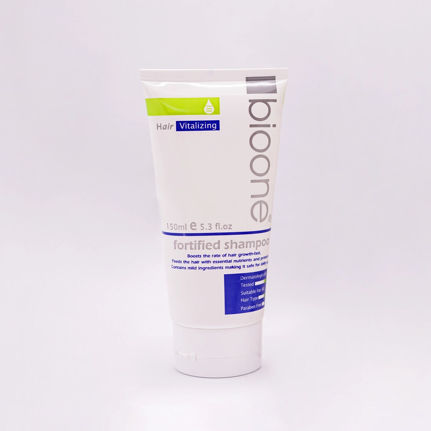 BioOne Hair Vitalizing Fortified Shampoo, white tube with a green and white label and a matching white and green box