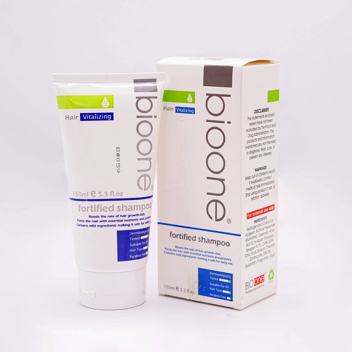 BioOne Hair Vitalizing Fortified Shampoo, 150ml white tube with a green and white label and a matching white and green box