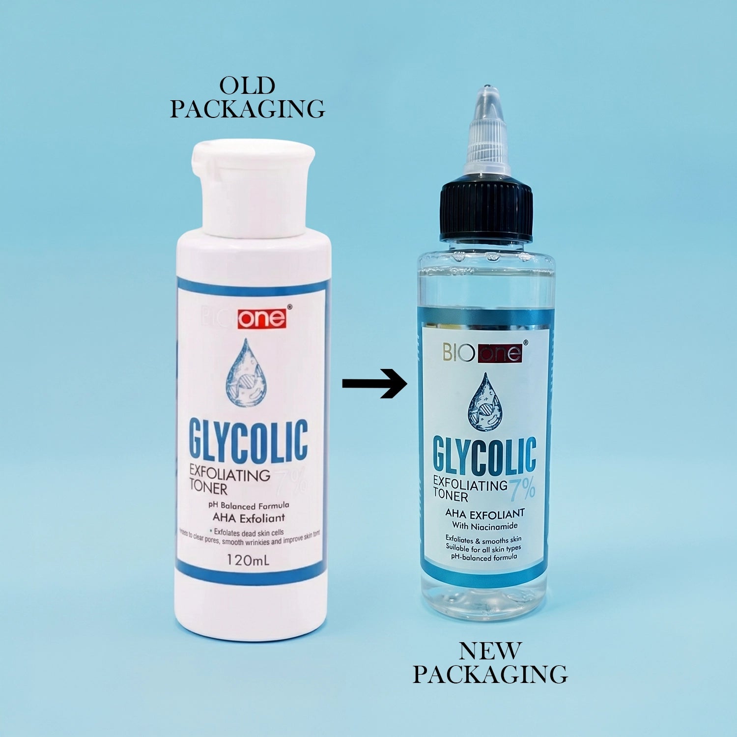Comparison of old and new packaging for BIO ONE Glycolic 7% Exfoliating Toner.