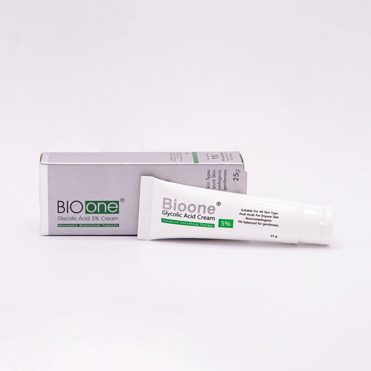 BioOne Glycolic Acid 5% Cream, 25g, Advanced Smoothing Therapy, in a white tube with a green and white label, next to its matching gray and white box.