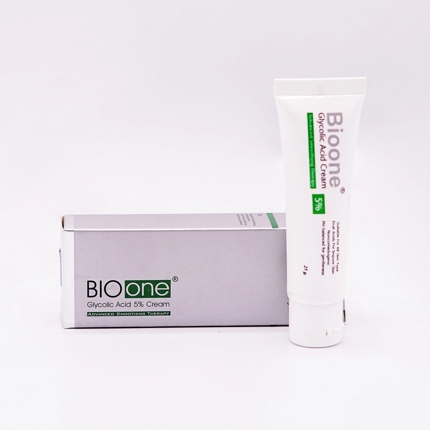 BioOne Glycolic Acid Cream 5%, an advanced smoothing therapy suitable for all skin types, designed to improve skin smoothness for a youthful glow, shown with its tube and box.