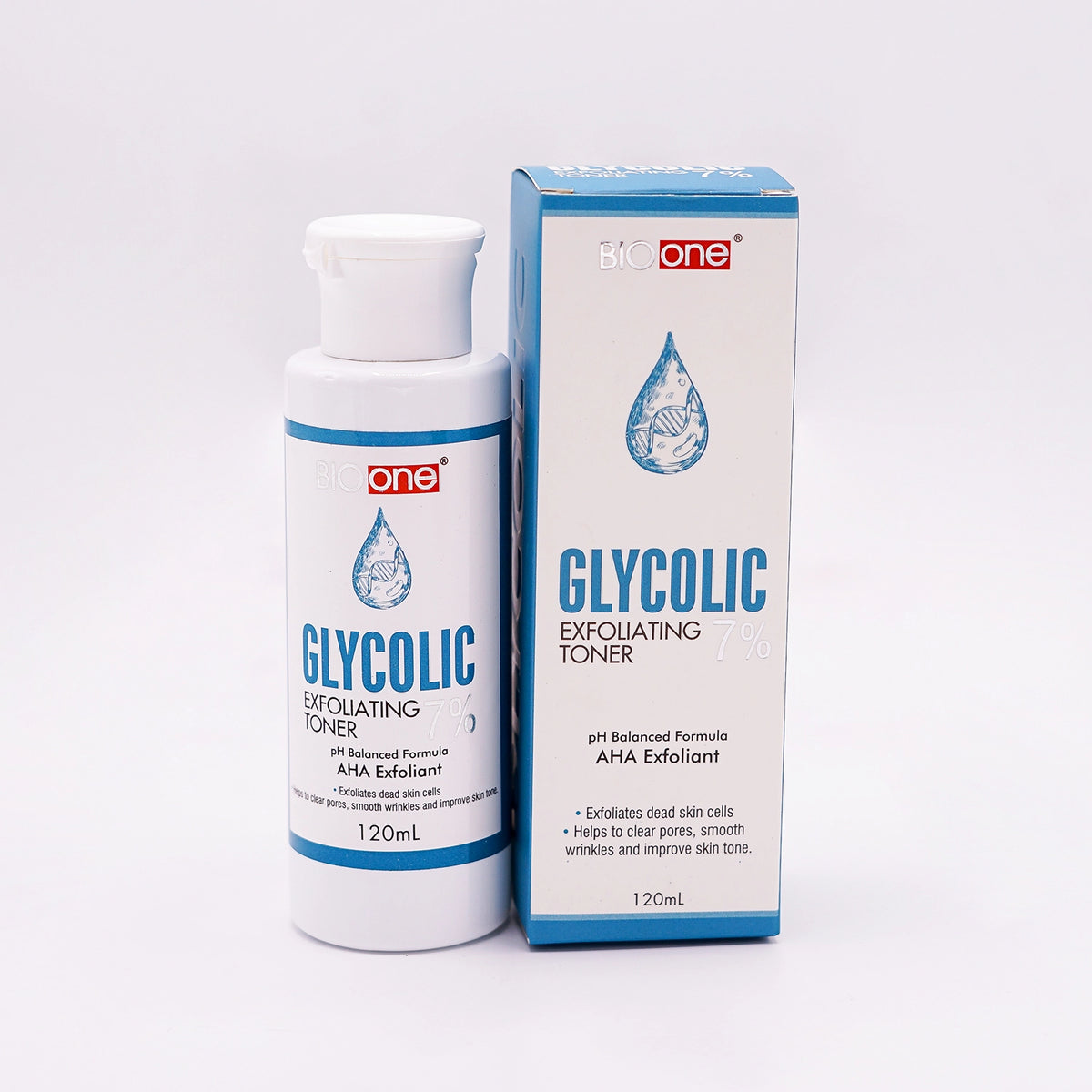 BioOne Glycolic Exfoliating Toner 7%, 120ml, pH Balanced Formula, AHA Exfoliant, in a white bottle with a blue and white label featuring a water droplet graphic, next to its matching white and blue box.