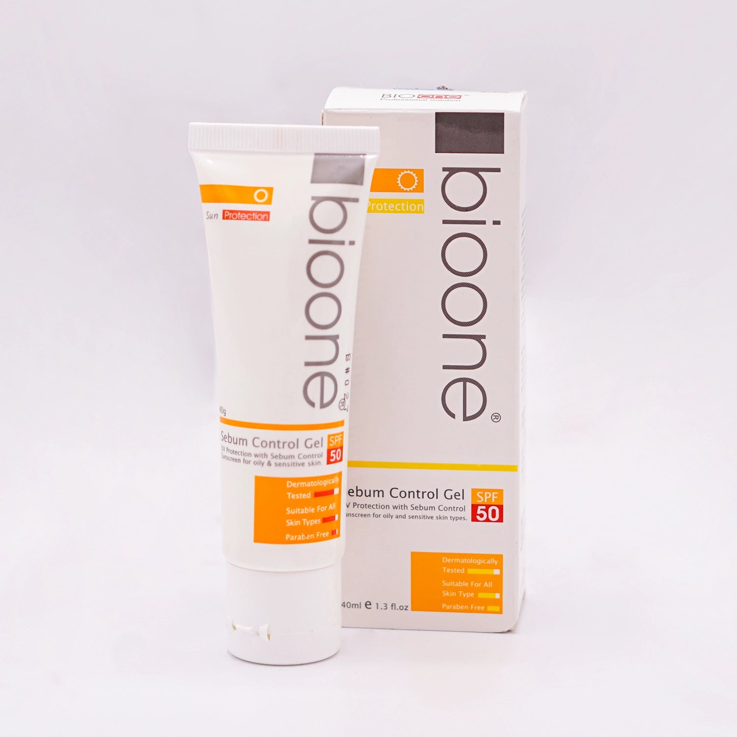 BioOne Sebum Control Gel SPF 50, a 50g white tube with an orange, white, and black label, featuring a sun icon.