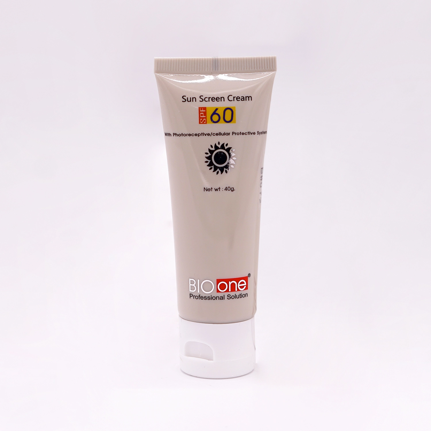 BioOne Professional Solution Sun Screen Cream SPF 60, Net wt. 40gm, in a beige tube with a white flip-top cap and a white and brown label.