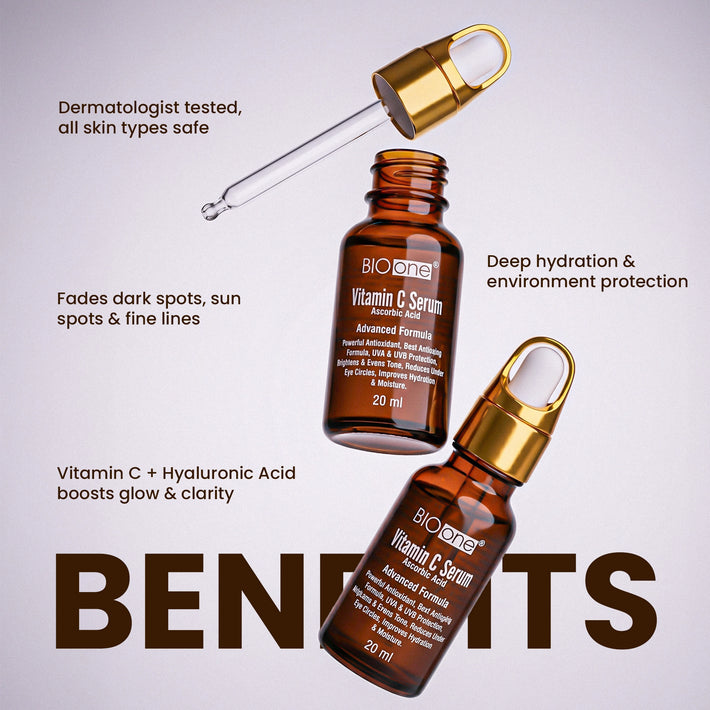 BIO ONE Vitamin C and Hyaluronic Acid serum for skin clarity and environmental protection—top-rated skincare by Whiz Laboratories Pakistan.