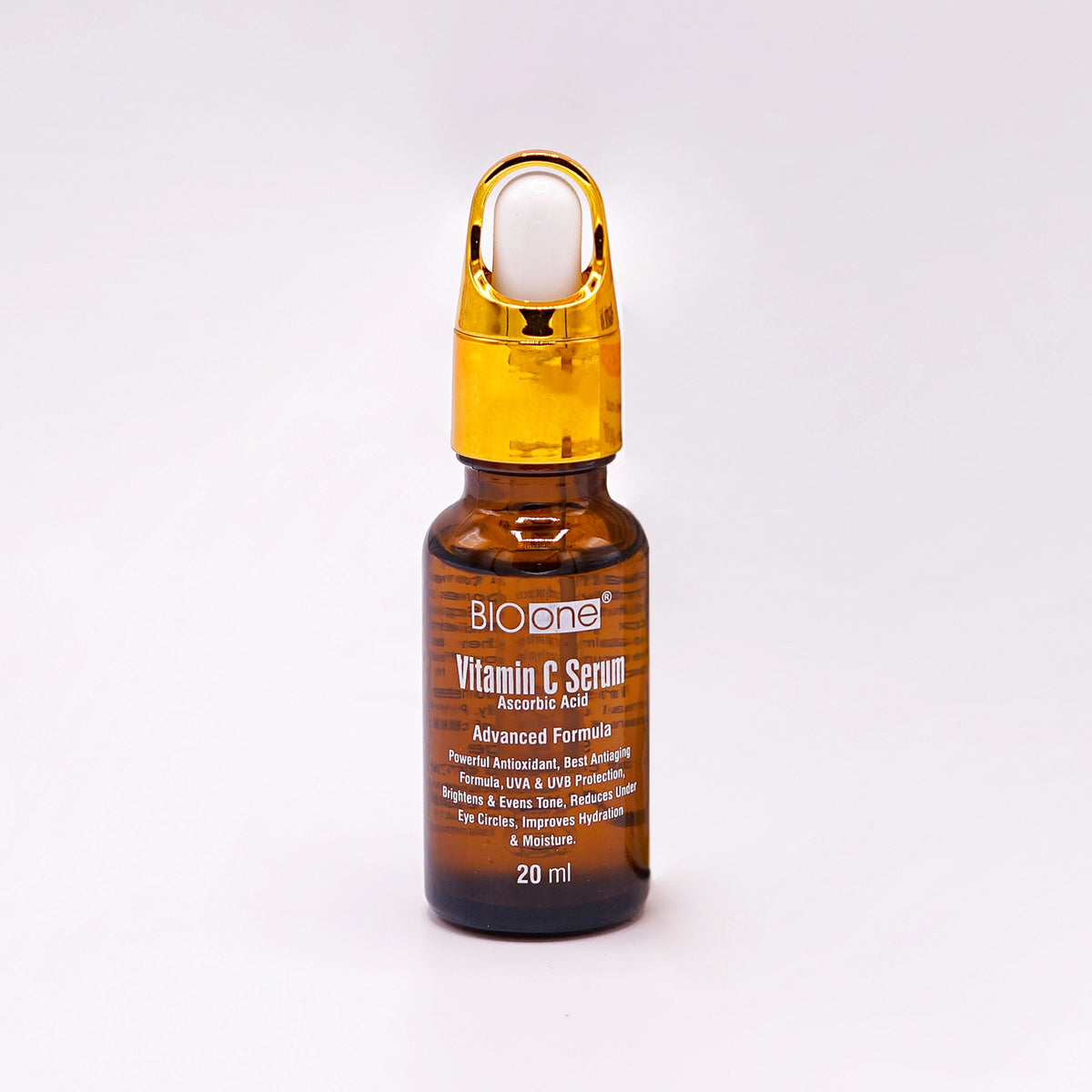 BioOne Vitamin C Serum, Ascorbic Acid, Advanced Formula, 20ml amber dropper bottle with a gold top and a white label