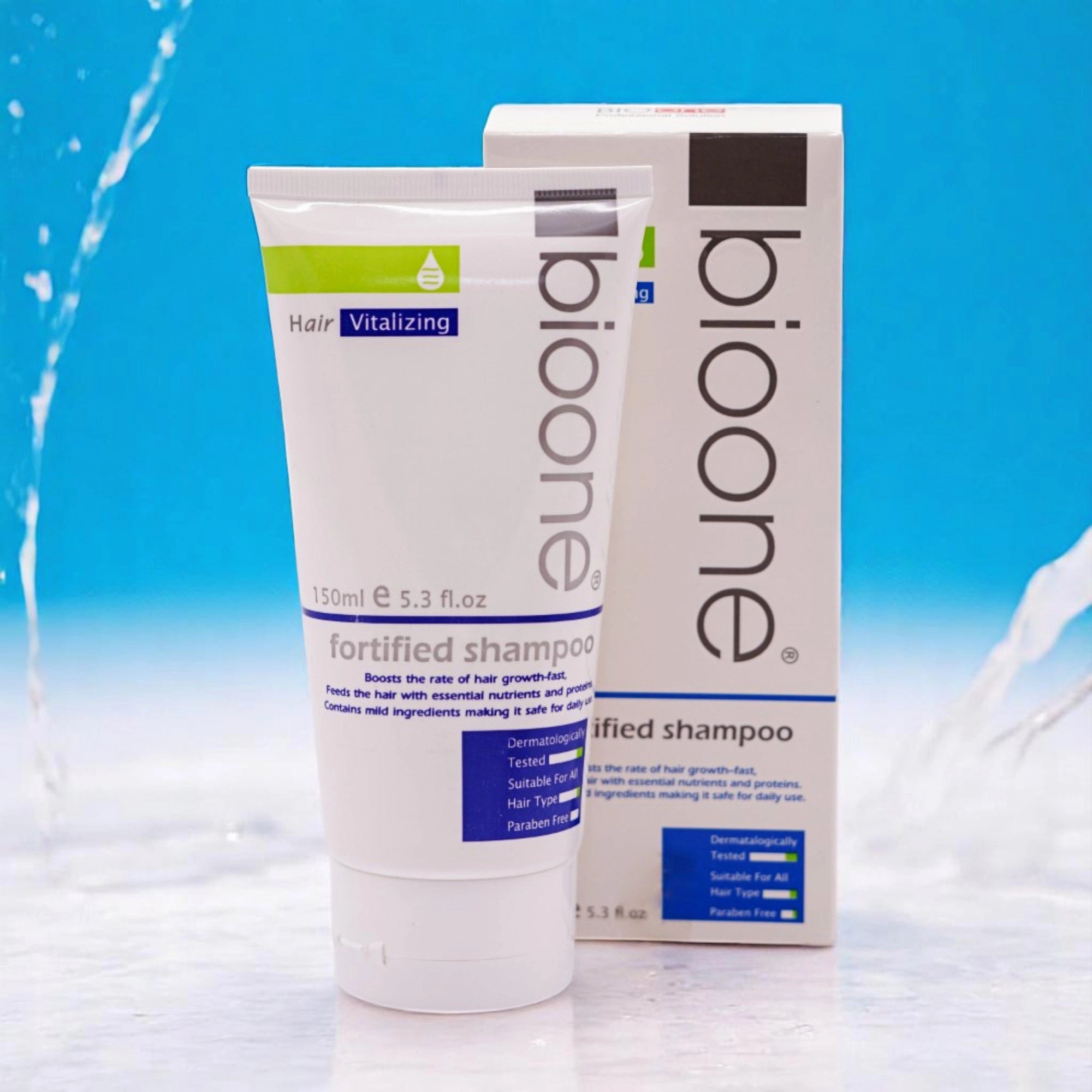 The packaging indicates it 'Boosts the rate of hair growth', 'Fortifies the hair with essential nutrients and proteins', and 'Contains mild ingredients, making it safe for daily use