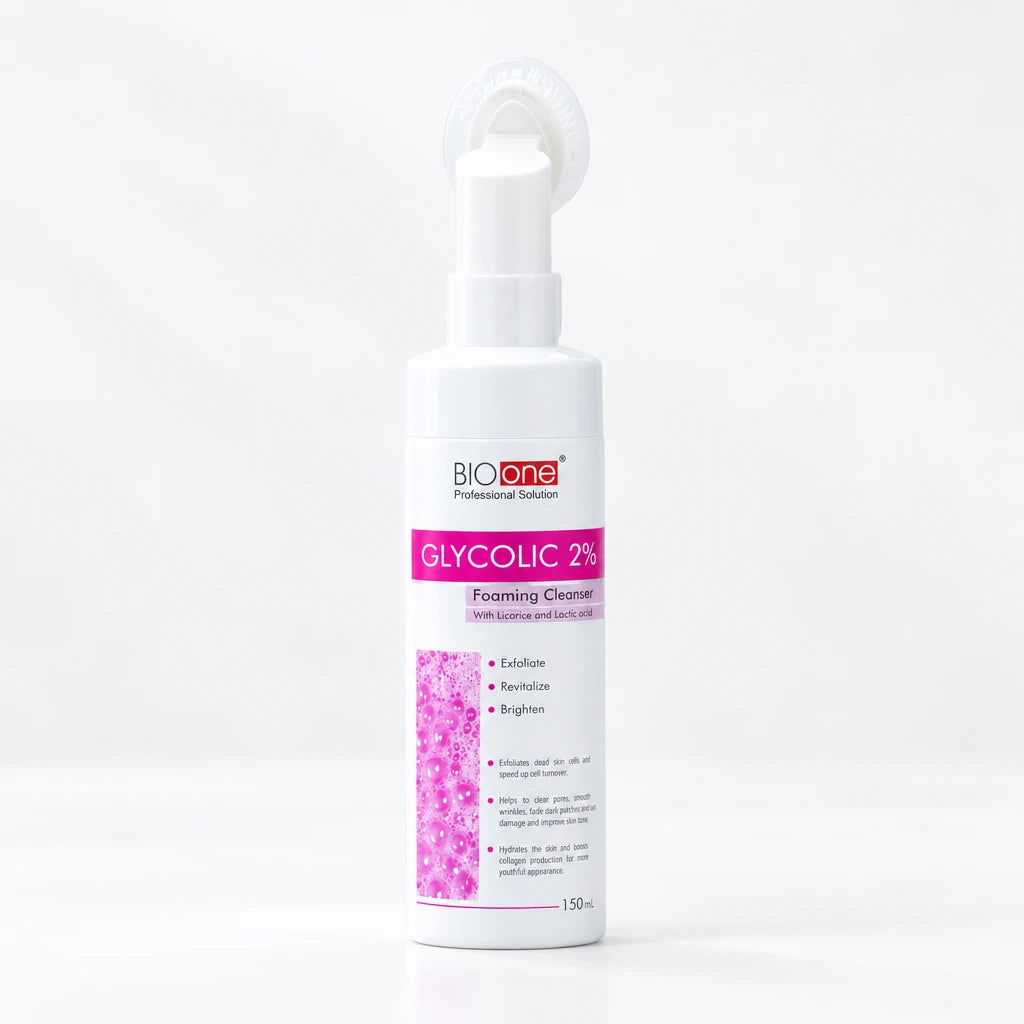 Bio One Glycolic 2% Foaming Cleanser, formulated with Glycine and Lactic Acid to exfoliate, rejuvenate, and brighten the skin.