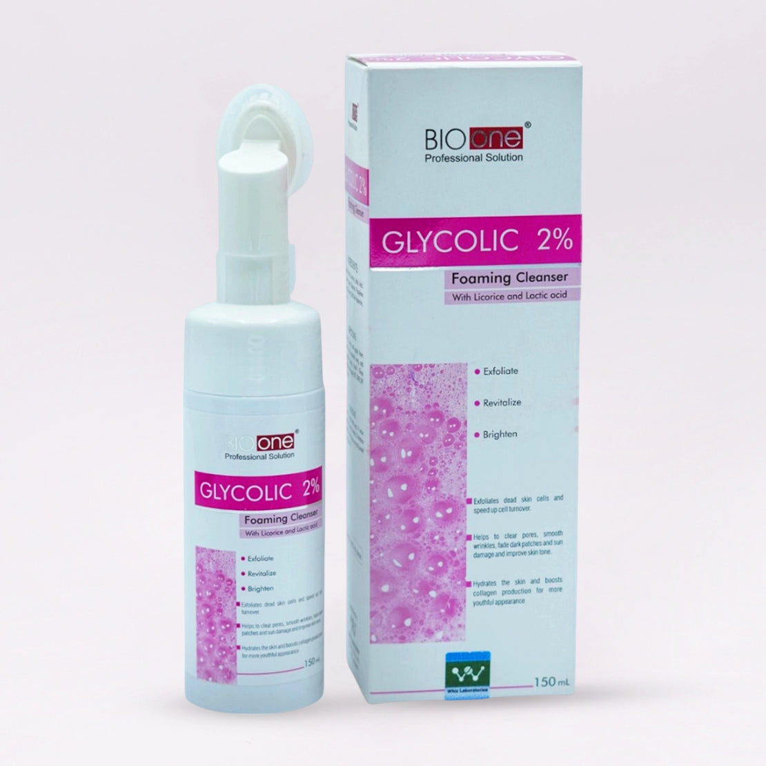 Bio One Glycolic 2% Foaming Cleanser, formulated with Glycine and Lactic Acid to exfoliate, rejuvenate, and brighten the skin.