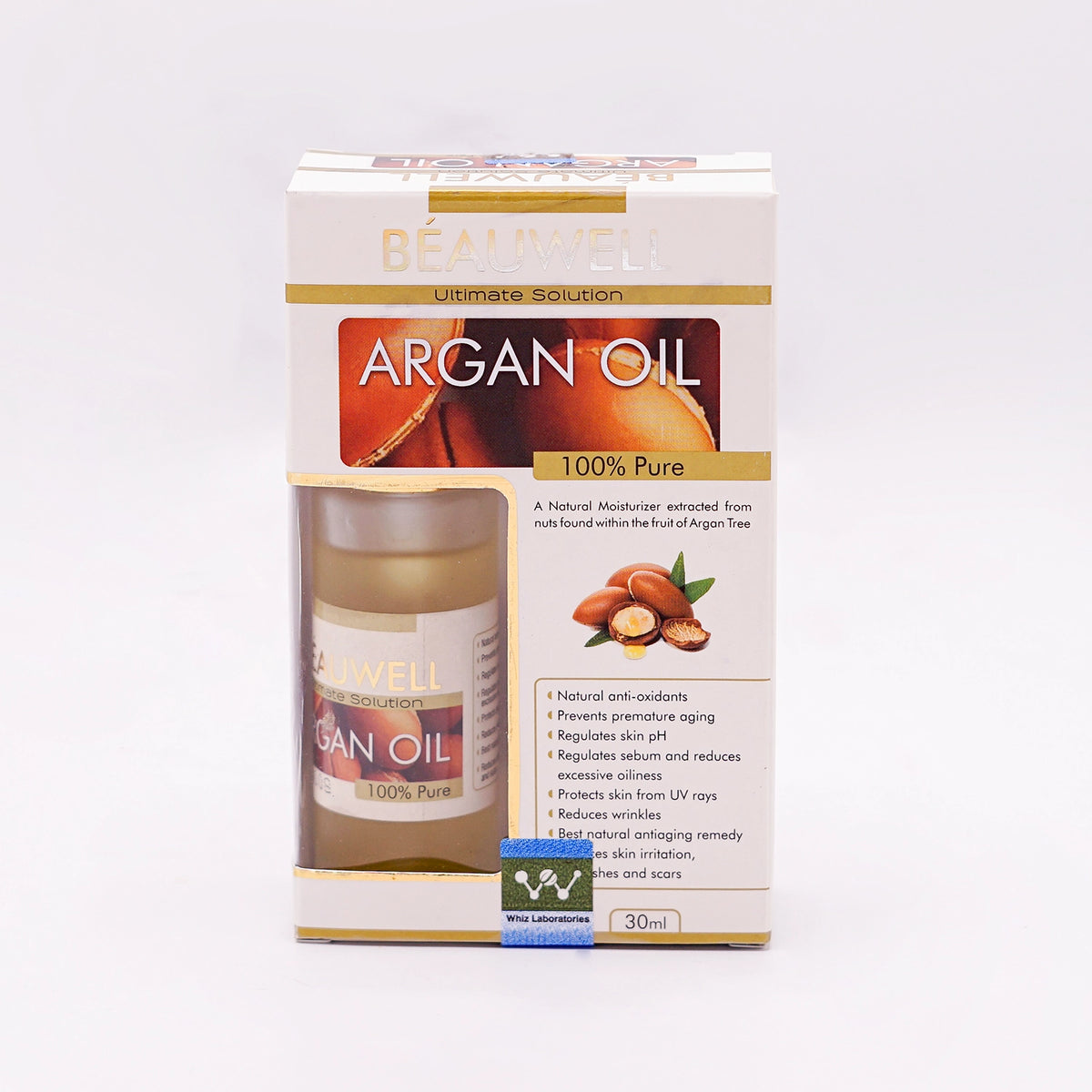 Beauwell Ultimate Solution Argan Oil, 100% Pure, 30ml, in a white and gold box with an image of argan nuts and a brown label