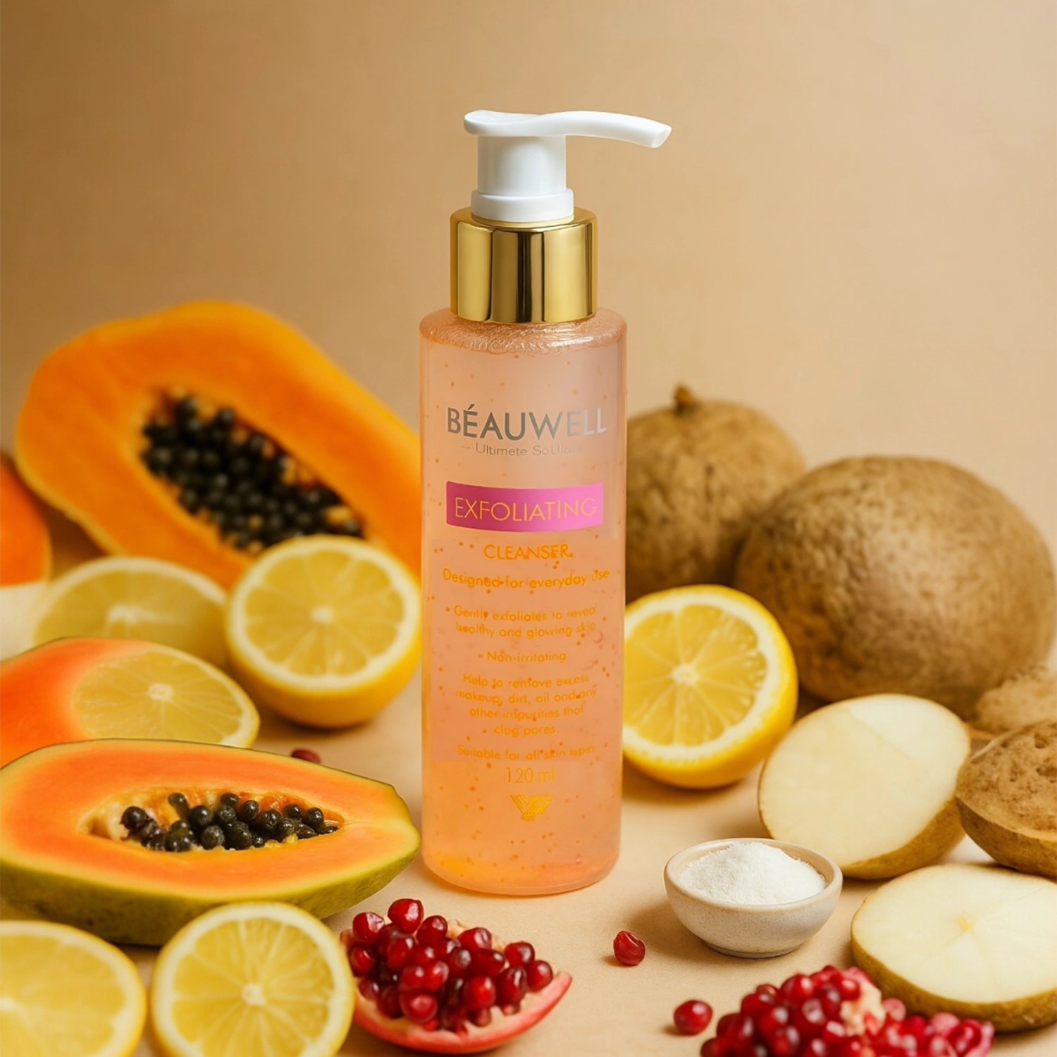 Beauwell Exfoliating Cleanser with fruits in back ground