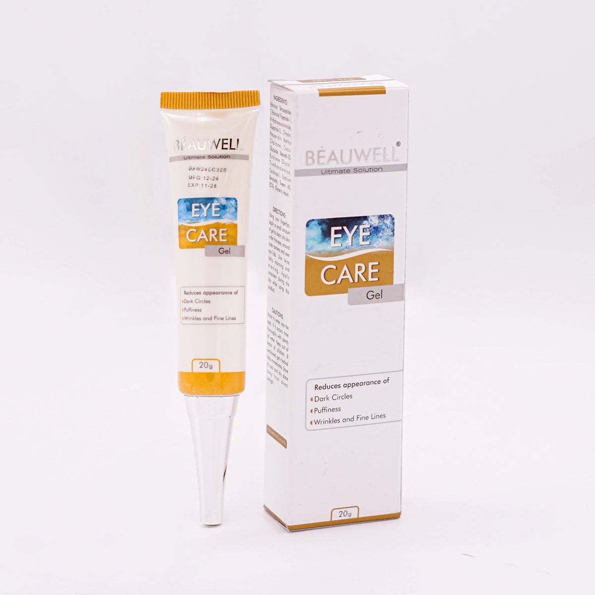 Beauwell Ultimate Solution Eye Care Gel, 20g, which reduces appearance of Dark Circles, Puffiness, Wrinkles and Fine Lines, in a white and gold tube, next to its matching white and gold box.