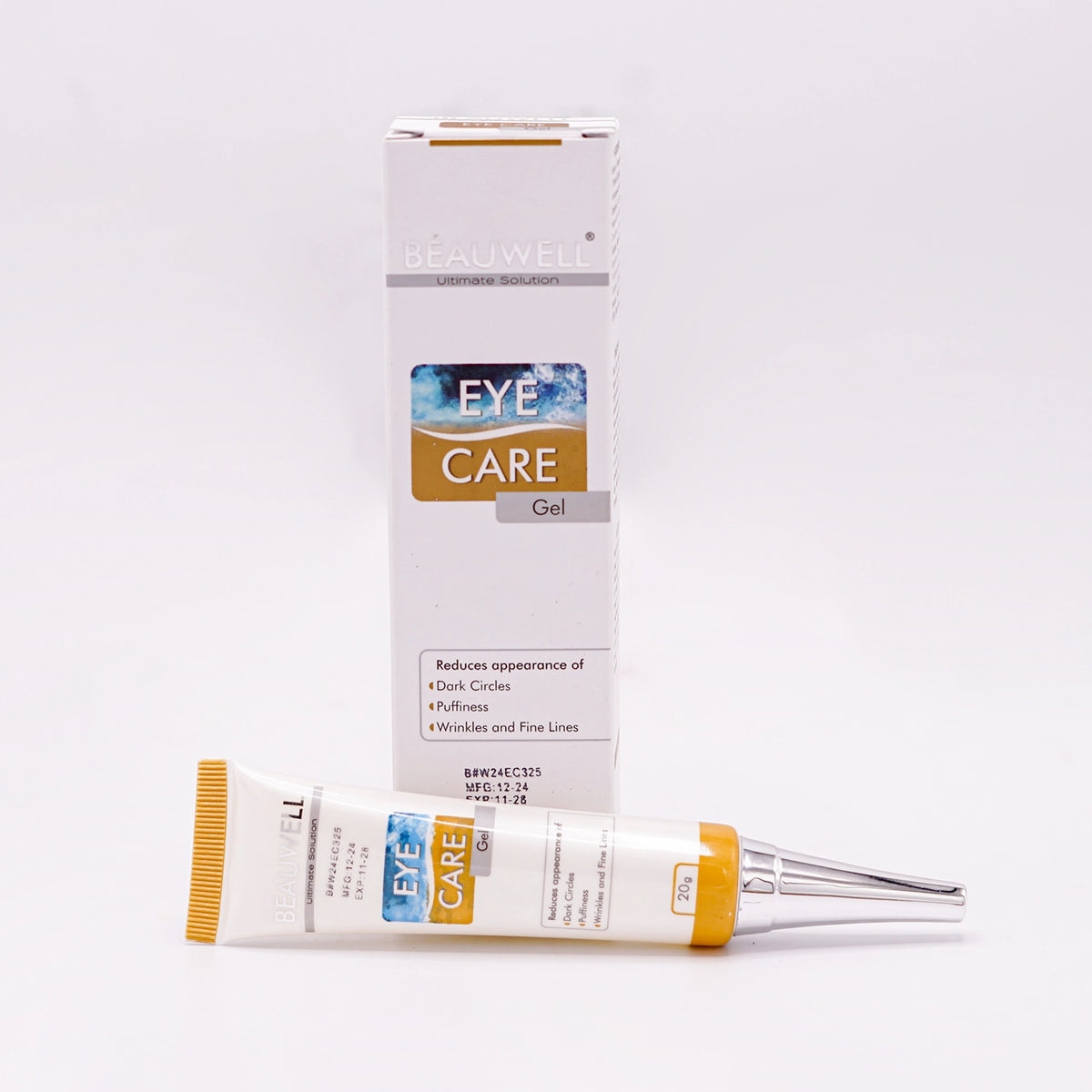 Beauwell Eye Care Gel, designed to reduce the appearance of dark circles, puffiness, wrinkles, and fine lines around the eyes, shown with its tube and box.