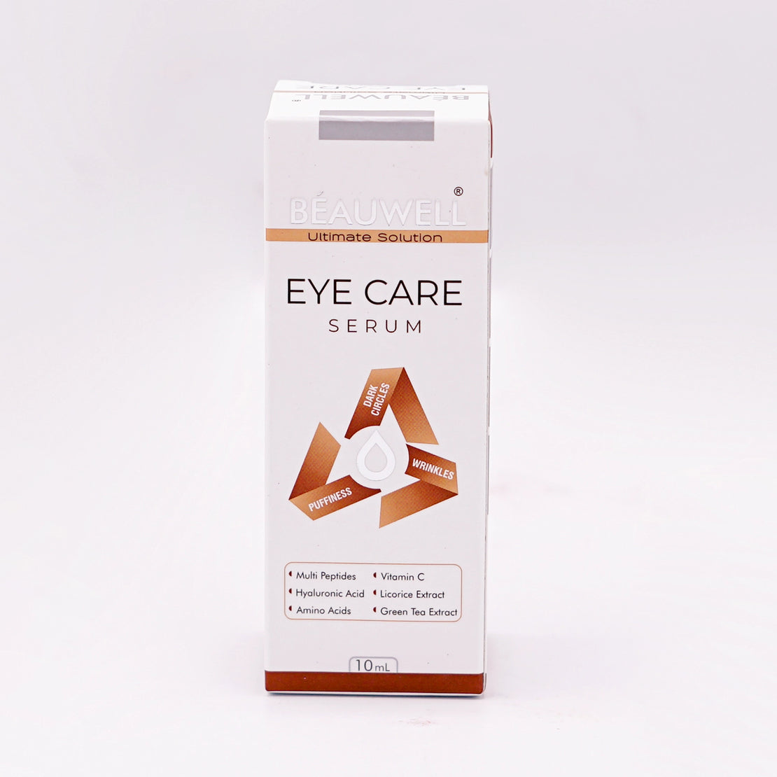 Beauwell Ultimate Solution Eye Care Serum, 10ml, in a white box with a brown triangular graphic featuring icons for 'dark circles', 'puffiness', and 'wrinkles.