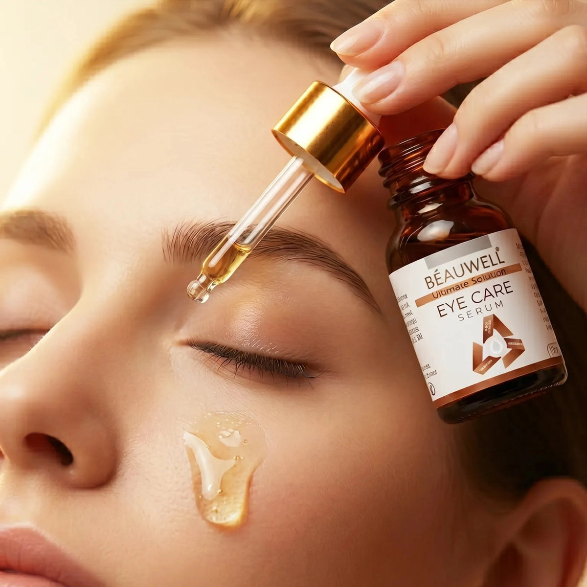 Woman applying Beauwell Eye Care Serum using a dropper near her under-eye area.
