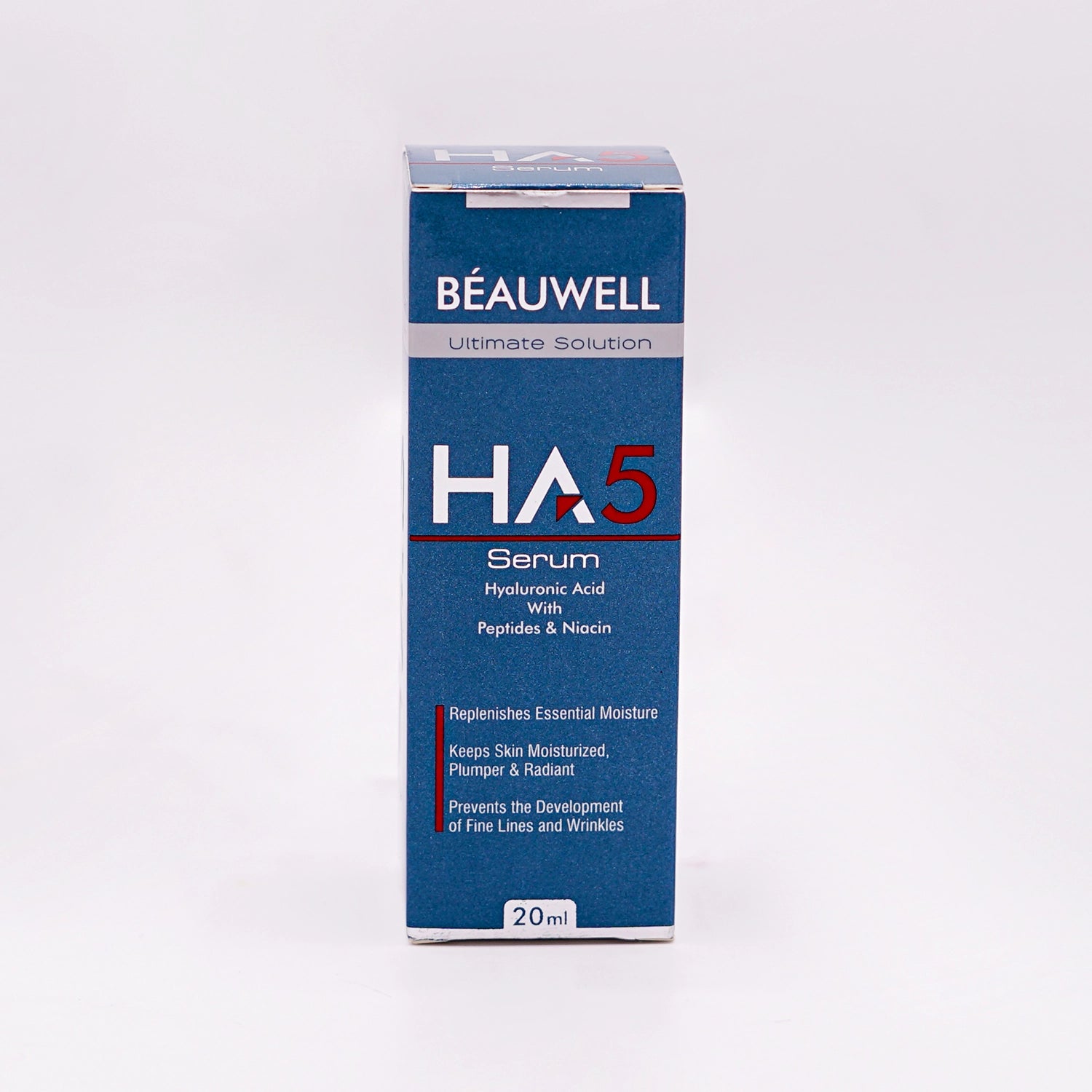 Beauwell Ultimate Solution HA 5 Serum, 20ml, with Hyaluronic Acid, Peptides & Niacin, in a blue box with white and red text.