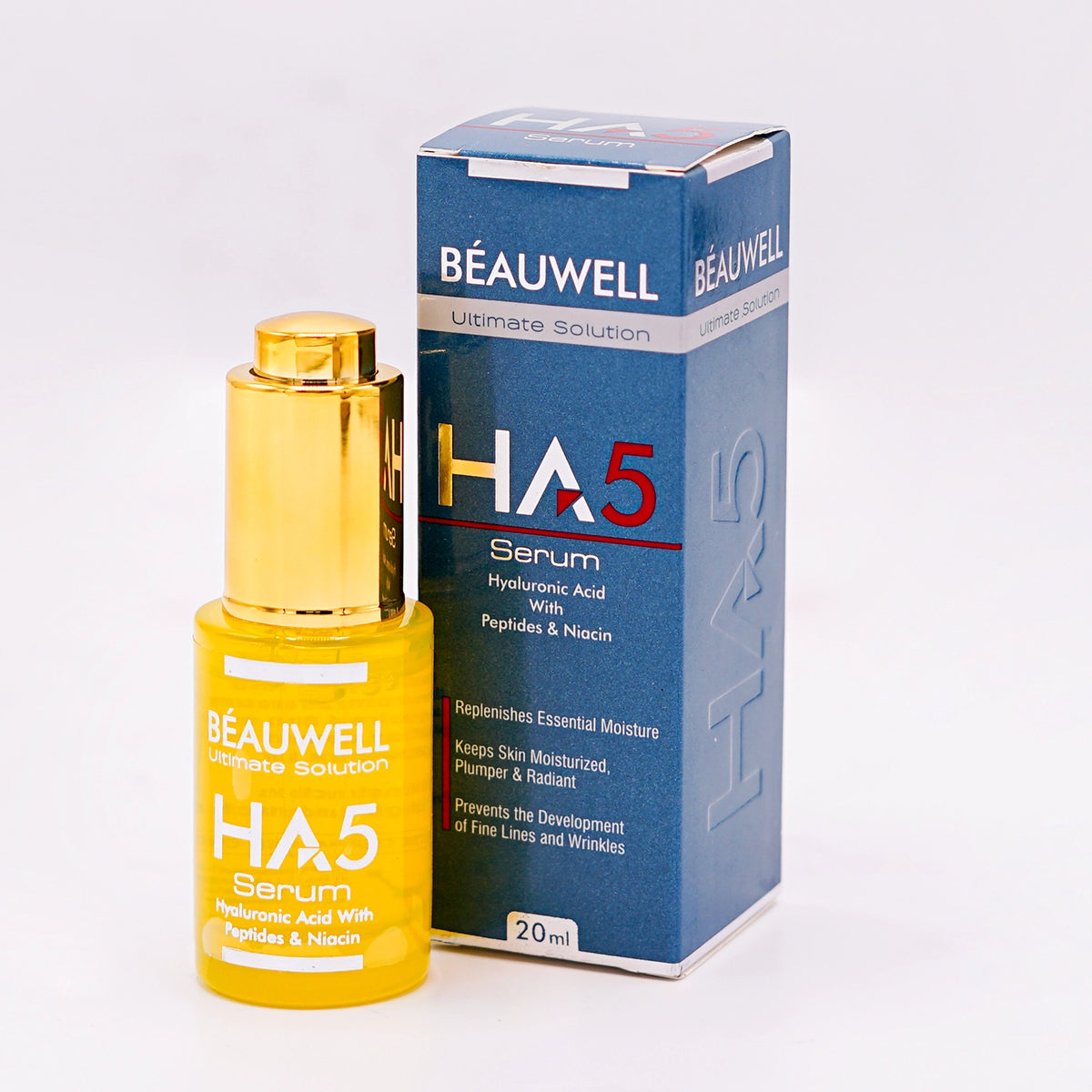 Beauwell HA 5 Serum, containing Hyaluronic Acid, Peptides, and Niacin, designed to replenish moisture, keep skin plump and radiant, and prevent fine lines and wrinkles, shown with its bottle and box.