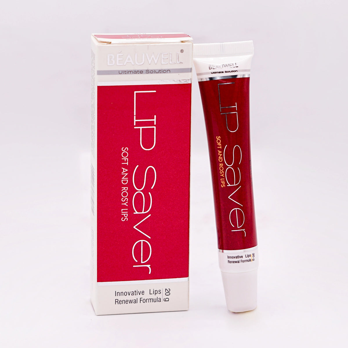 Beauwell Ultimate Solution Lip Saver, 20g, for Soft and Rosy Lips, an Innovative Lips Renewal Formula, in a white box with a red side panel, next to a red and white tube.