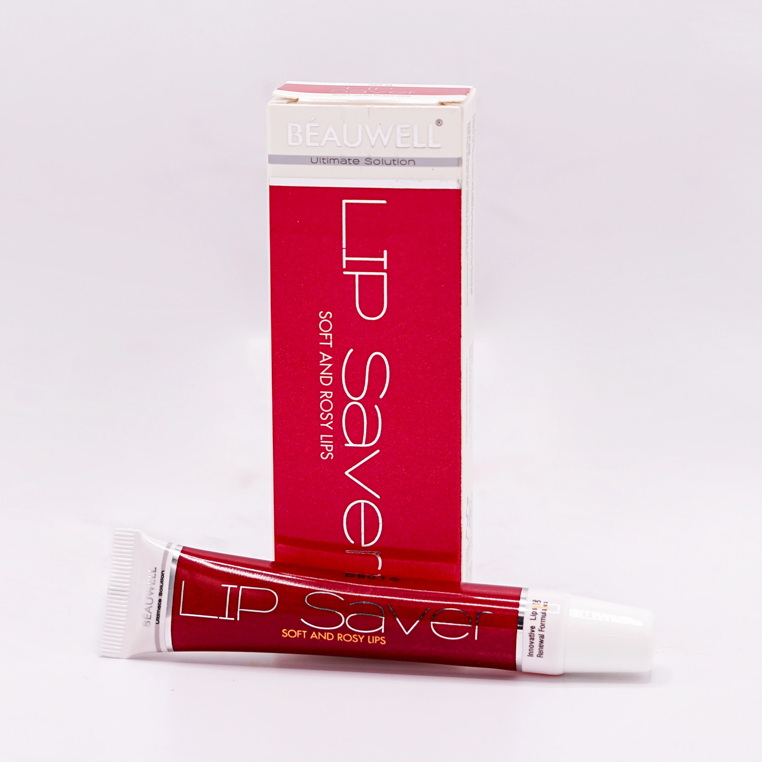 Beauwell Lip Saver, an innovative formula for soft and rosy lips, shown with its box and tube.