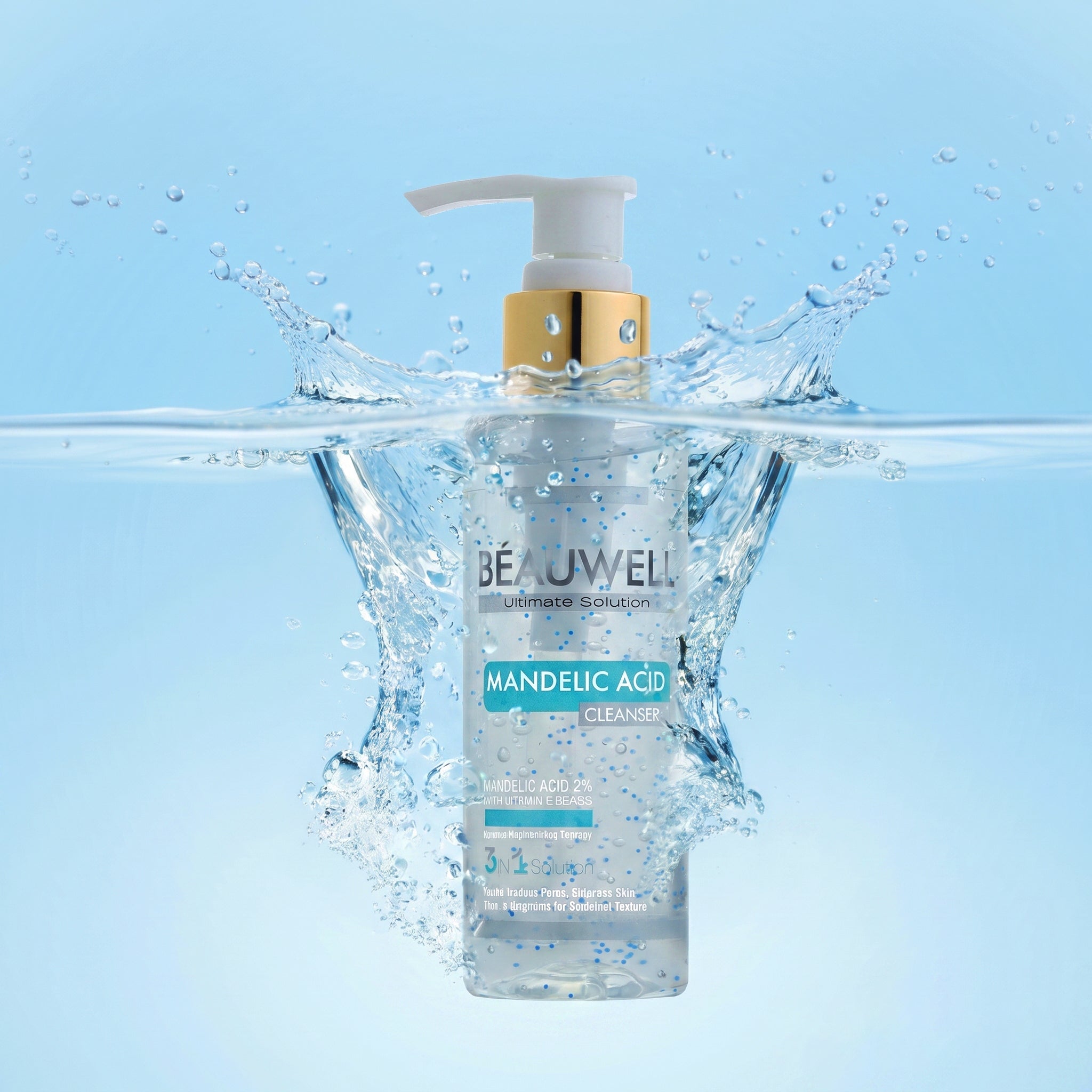 Beauwell Mandelic Acid Cleanser pump bottle submerged in splashing clear water