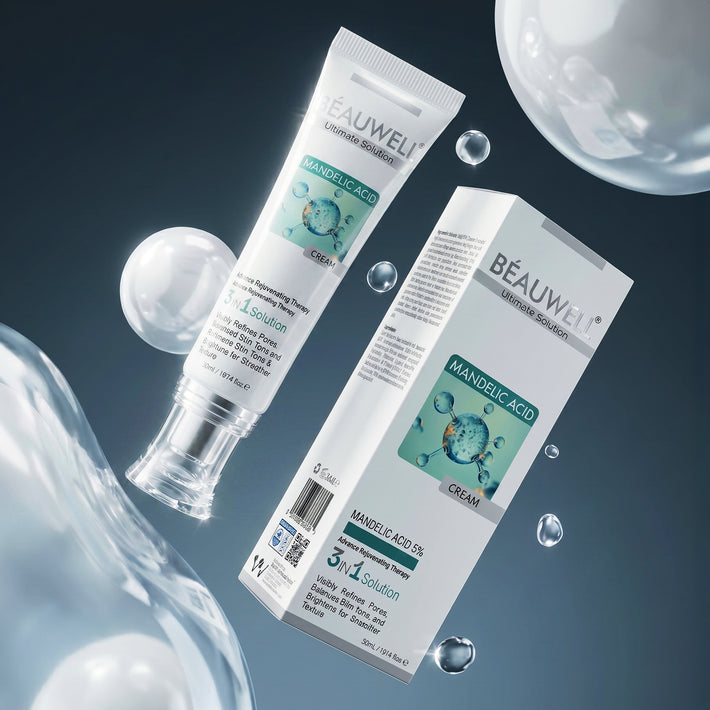 Beauwell Mandelic Acid Cream 5% tube and packaging box floating with water bubbles
