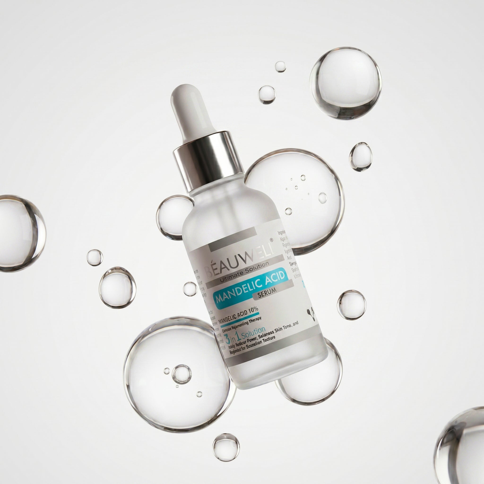 Beauwell Mandelic Acid Serum glass bottle with dropper surrounded by floating water bubbles