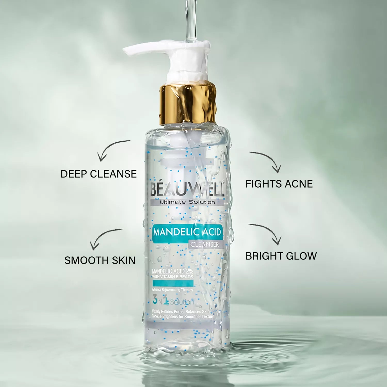 Beauwell Mandelic cleanser bottle with benefits