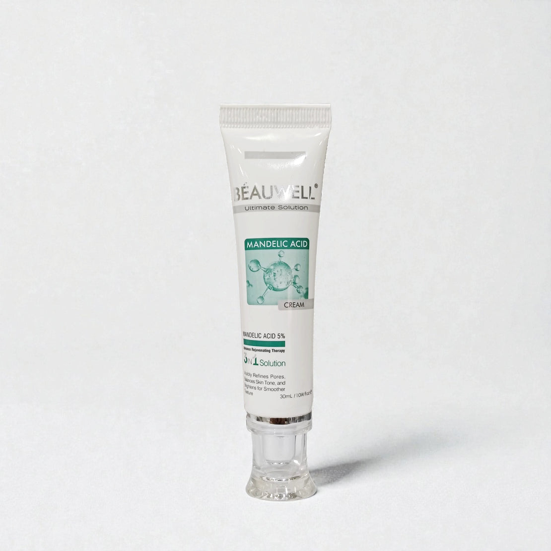 Beauwell Mandelic Acid 5% Cream tube for acne treatment, pore refining, and skin rejuvenation.