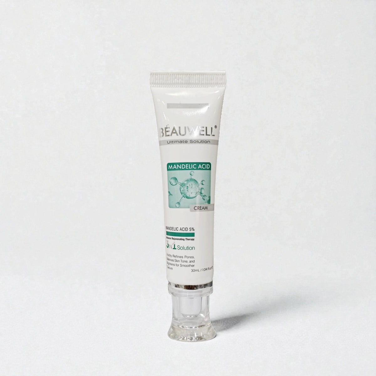 Beauwell Mandelic Acid 5% Cream tube for acne treatment, pore refining, and skin rejuvenation.