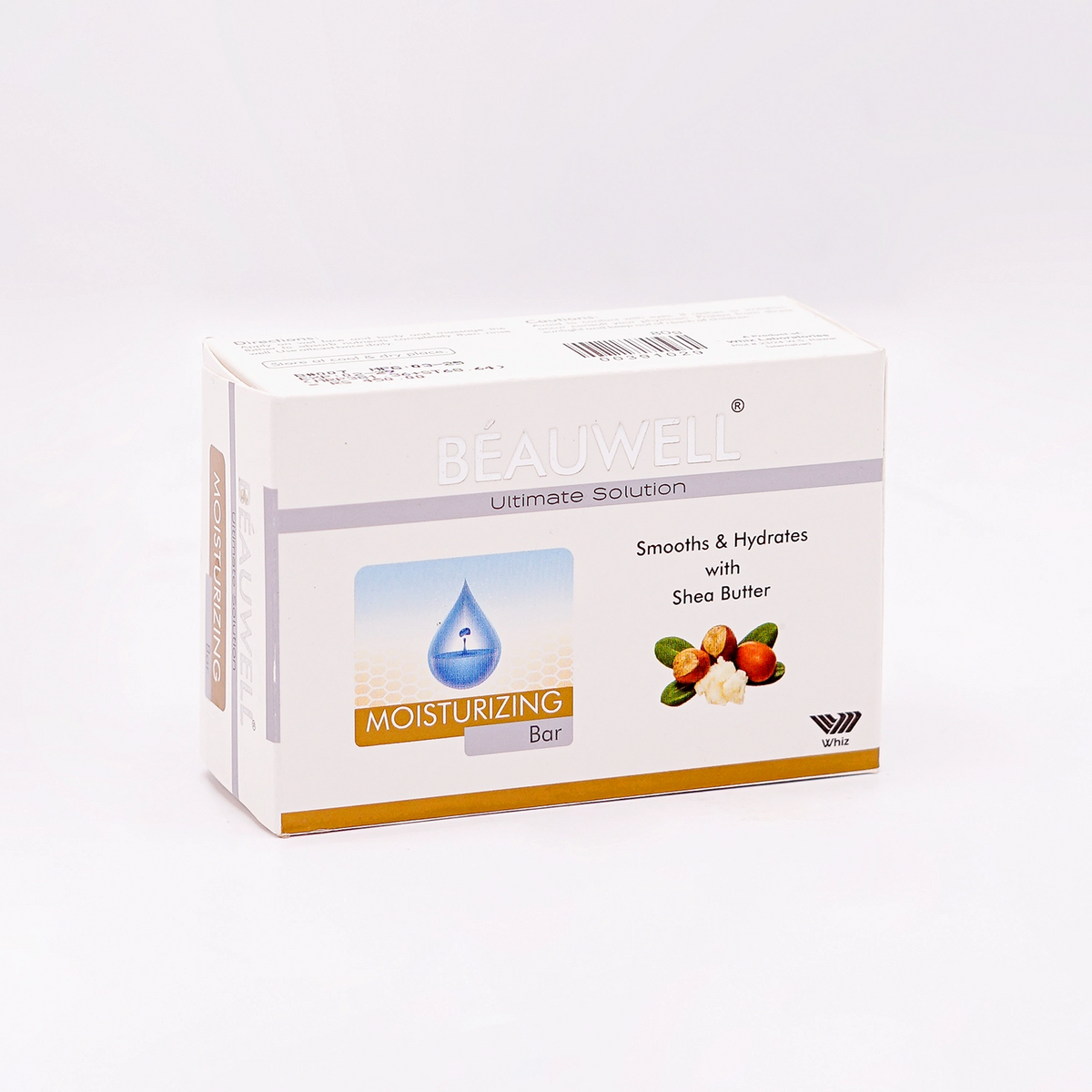 Beauwell Ultimate Solution Moisturizing Bar, Smooths & Hydrates with Shea Butter, in a white box with a light blue droplet graphic and an image of shea nuts and shea butter.