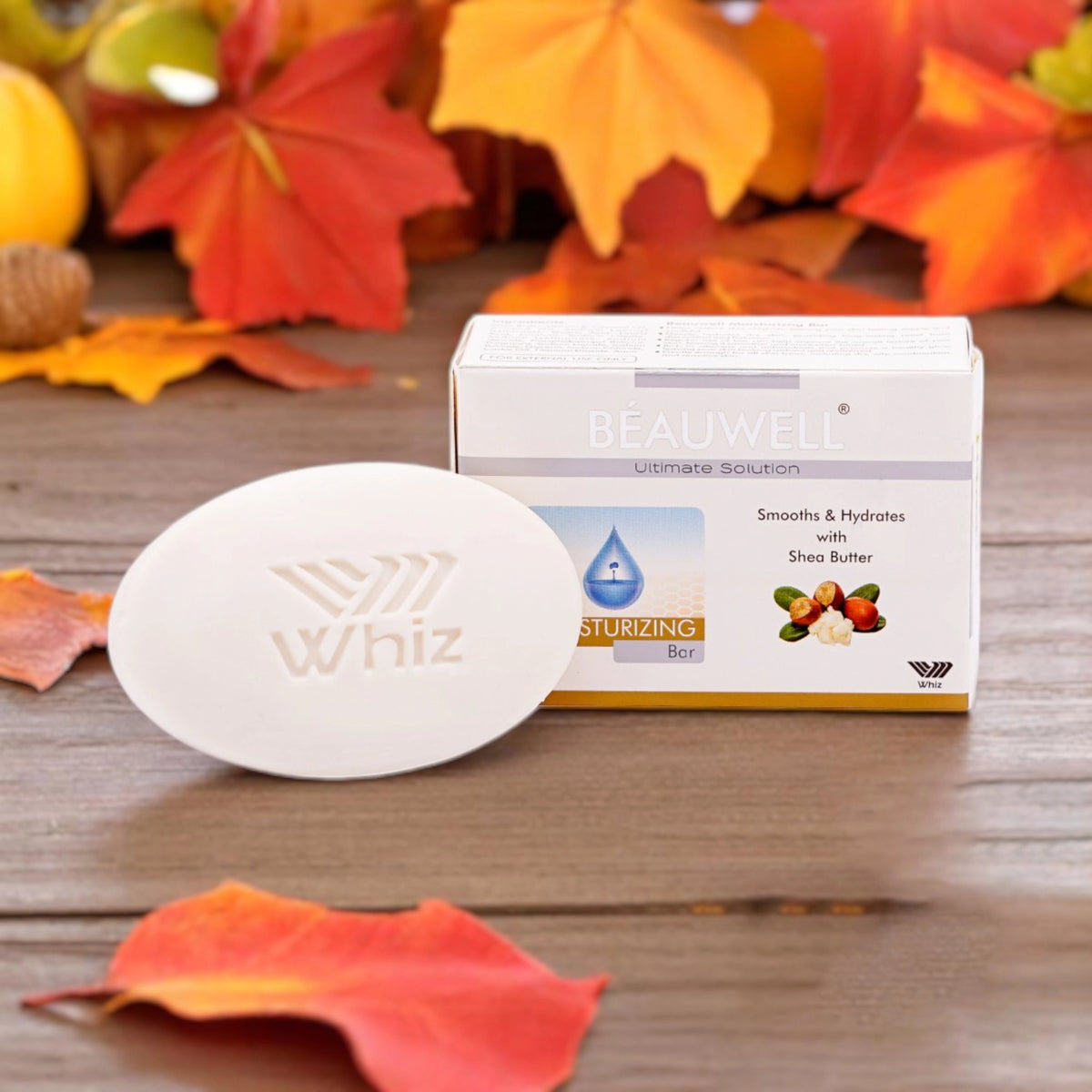 Beauwell Ultimate Solution Moisturizing Bar, an oval-shaped white soap with 'Whiz' embossed on it.