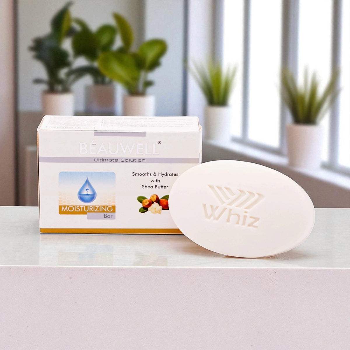 A soap bar labeled "Beauwell-Moisturizing-Bar" with a plain white label on its surface.