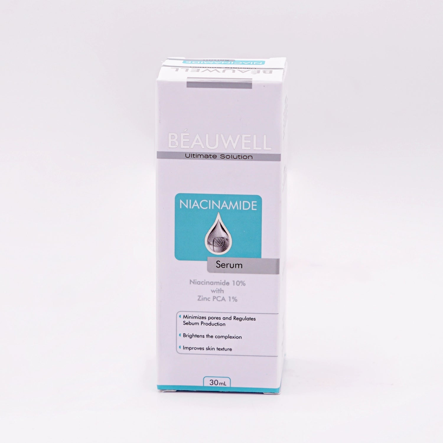 Beauwell Ultimate Solution Niacinamide Serum, 30ml, with Niacinamide 10% and Zinc PCA 1%, in a white box with a light blue and white label featuring a water droplet graphic.