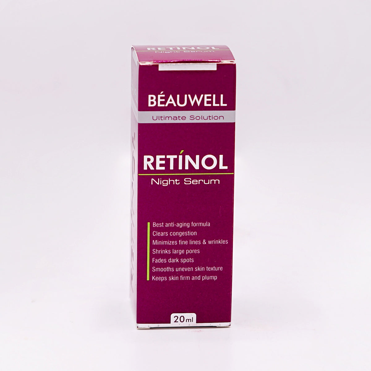 Beauwell Retinol Night Serum, an anti-aging formula that clears congestion, minimizes fine lines and wrinkles, shrinks pores, fades dark spots, smooths skin texture, and keeps skin firm and plump.